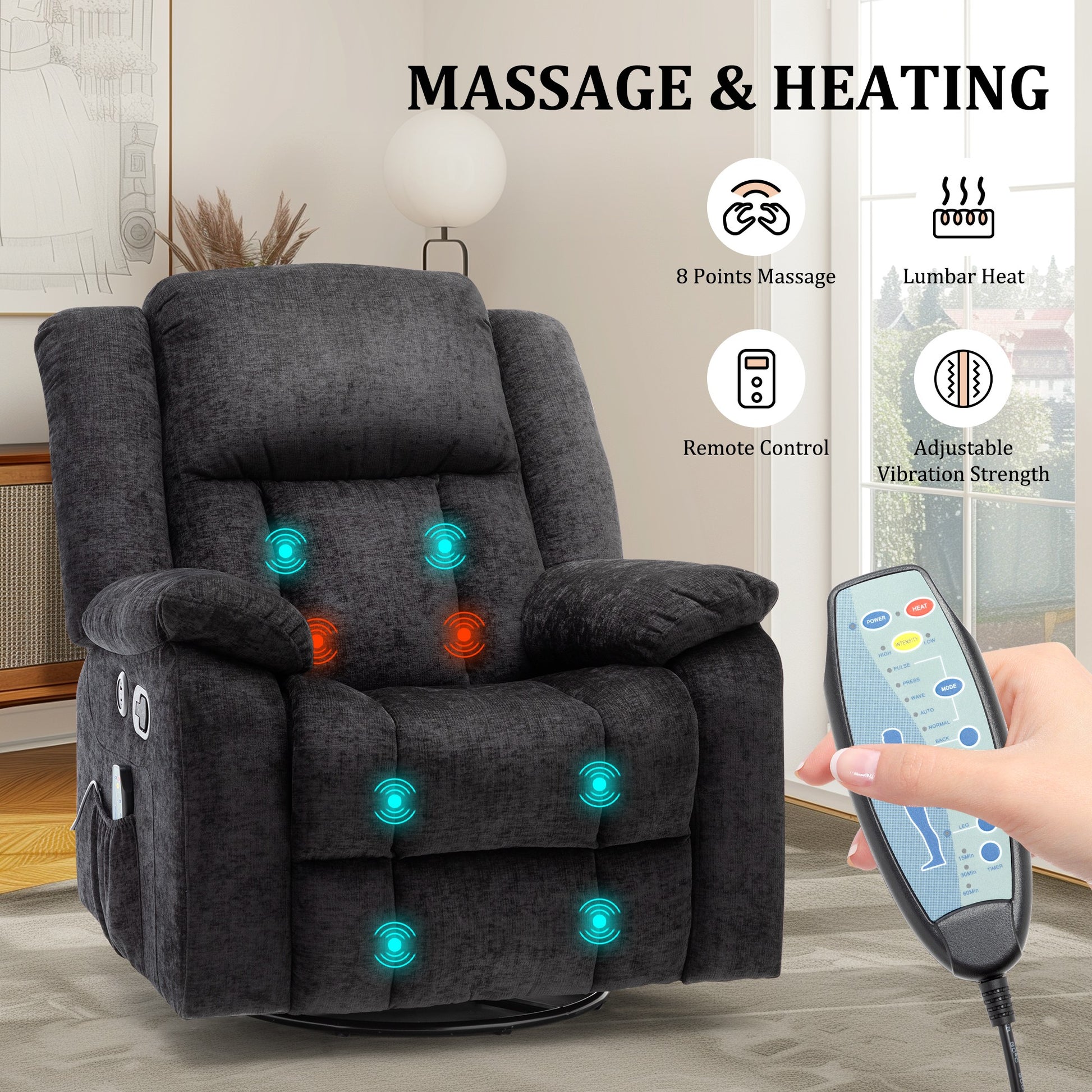 Rocker Recliner Chair, Glider Recliner Chairs for Adults, 360° Swivel Recliner with Massage and Heating, Rocking Recliner Chair with Side Pockets and USB