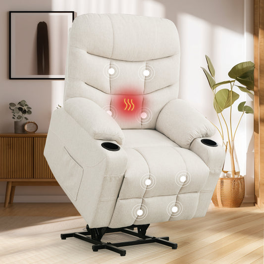 KORSER Power Lift Recliner Chair Sofa with Massage and Heat for Big Elderly People Side Pockets Fabric linen