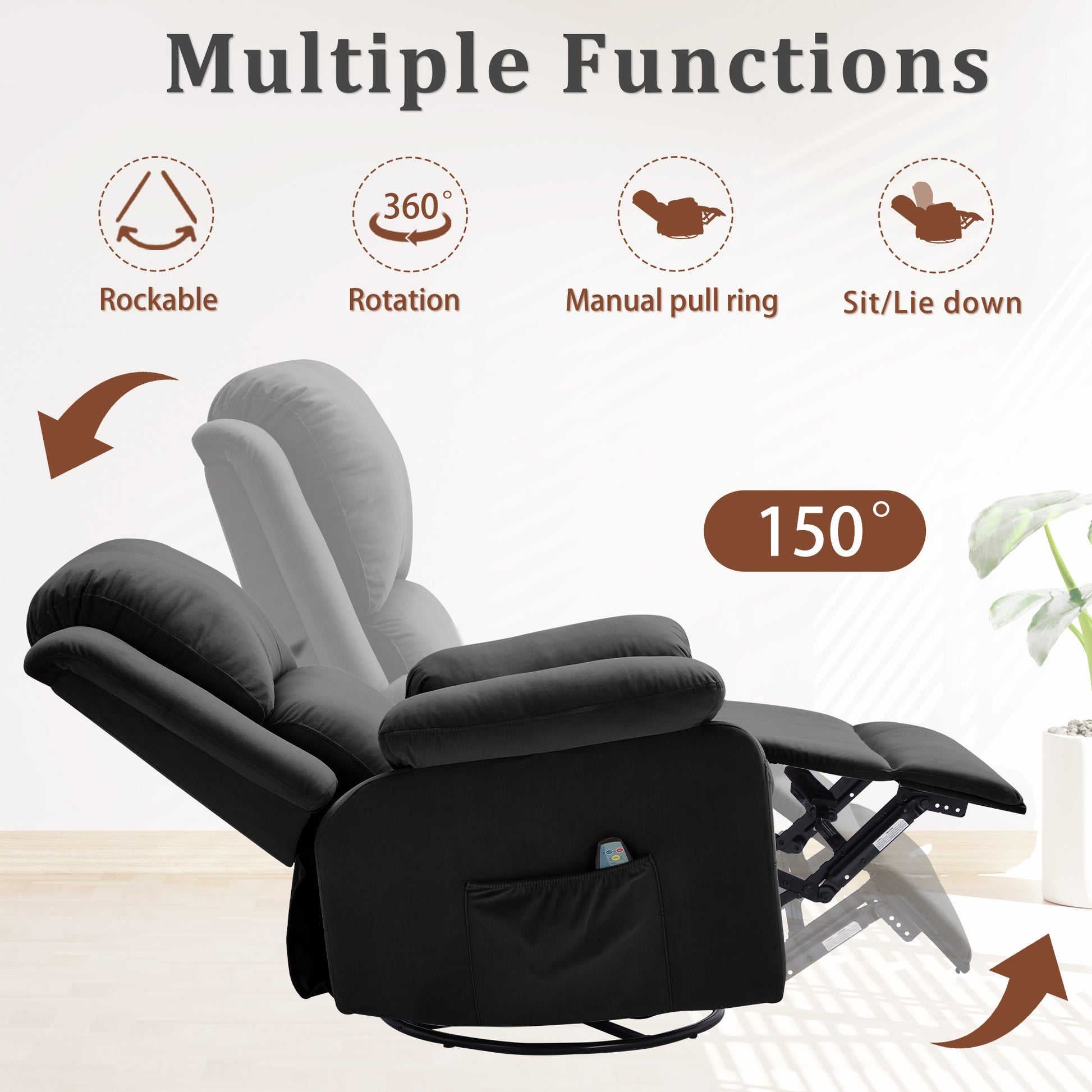 Korser Swivel Recliner Chair, Rocking Chair with Heat and Massage, Reclining Chair, Manual Recliner Chair for Adults, Recliners for Living Room, Bedroom