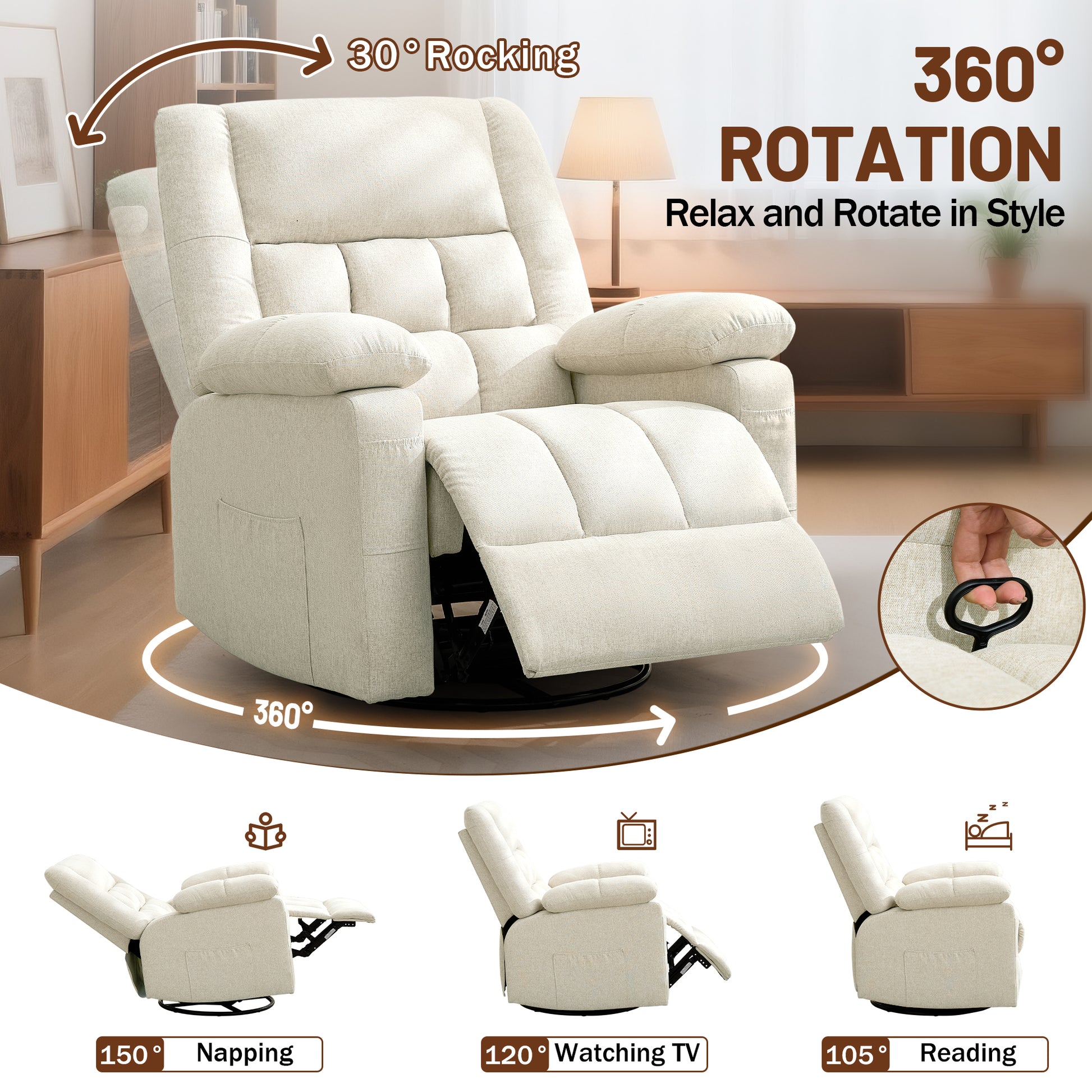 Korser Recliner Chair, Swivel Recliner Chairs for Adults, Glider Rocker Recliner with 2 Side Pockets, Recliners with Heat and Massage, Manual Reclining Chair for Living Room, Bedroom, Nursery