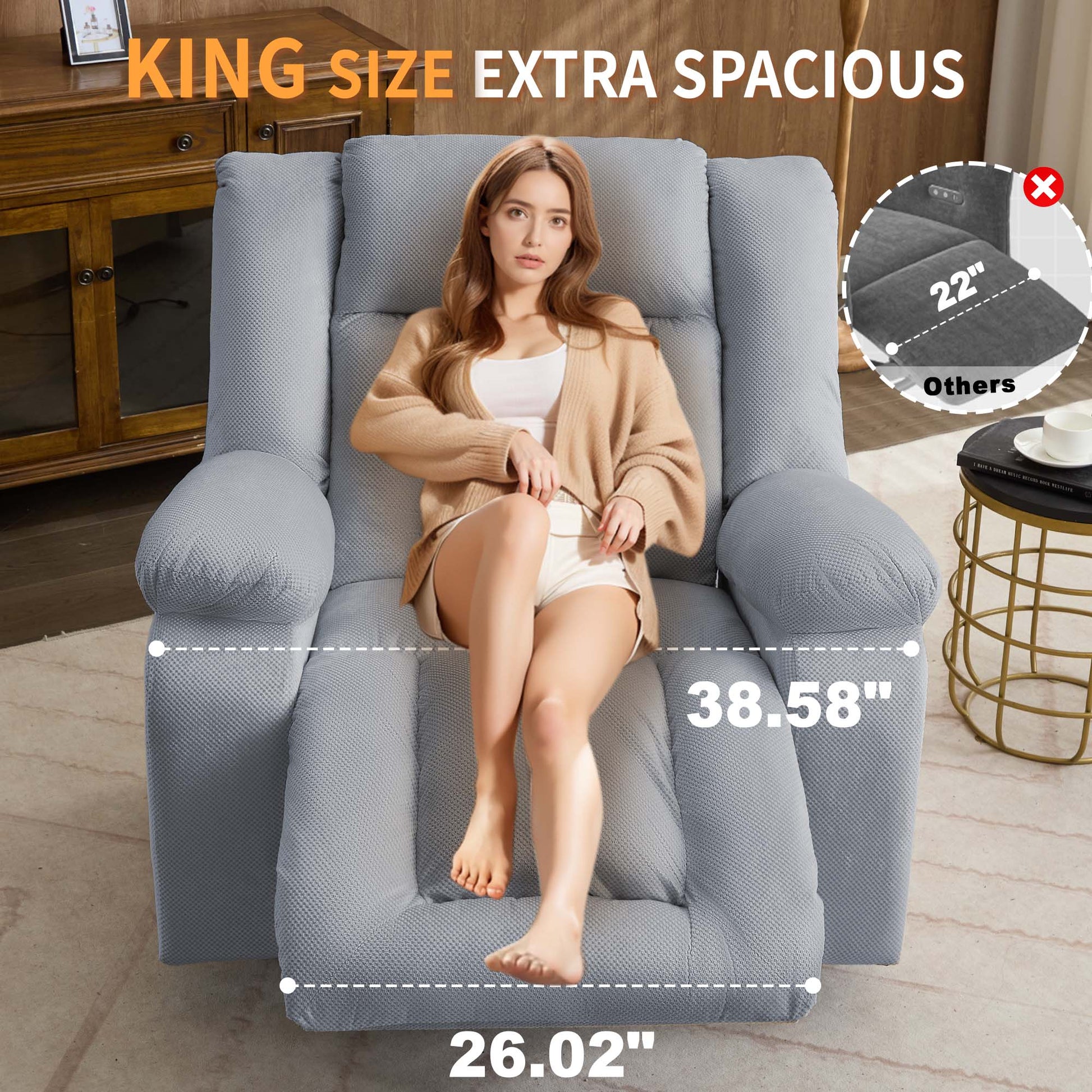 Oversized Power Recliner Chair, Swivel Rocking Chair for Adults, Electric Glider Reclining with Massage and Heating, Waffle Fabric Rocker Recliner with Side Pockets for Living Room, Bedroom