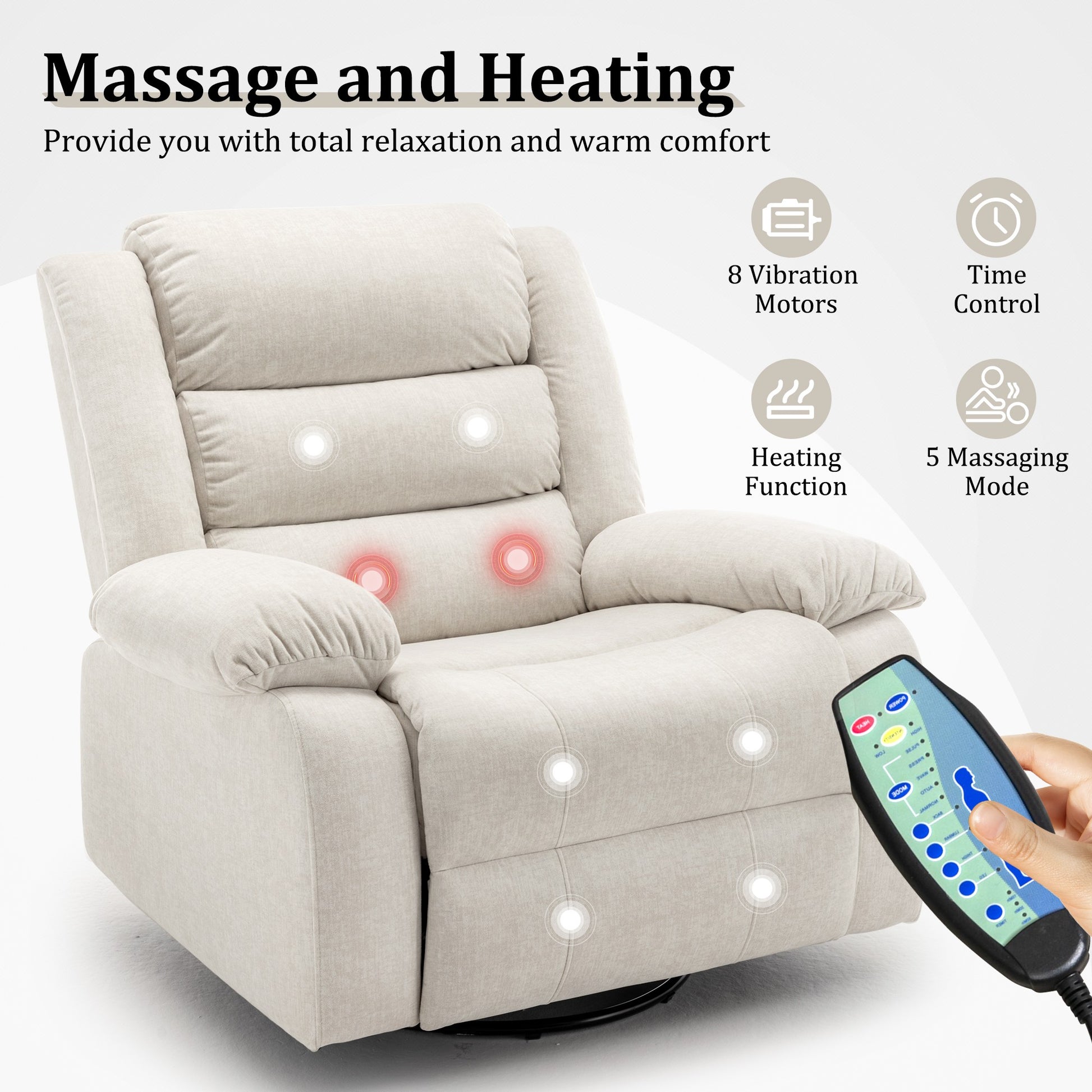 Recliner Chair, Wide Rocker Chair, Rocking Chair with Massage and Heat,360°Swivel Nursery Rocking Chairs, Oversized Recliner for Adults, Cashmere Reclining Sofa for Living Room