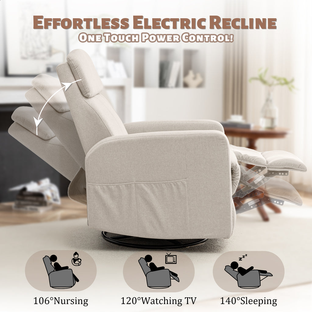 Power Swivel Recliner Chairs for Adults, Electric Glider Rocking Chair Nursery, Glider Recliner Nursery Chair with Classified Side Pocket, Nursery Rocking Chairs with USB and Type-C Ports