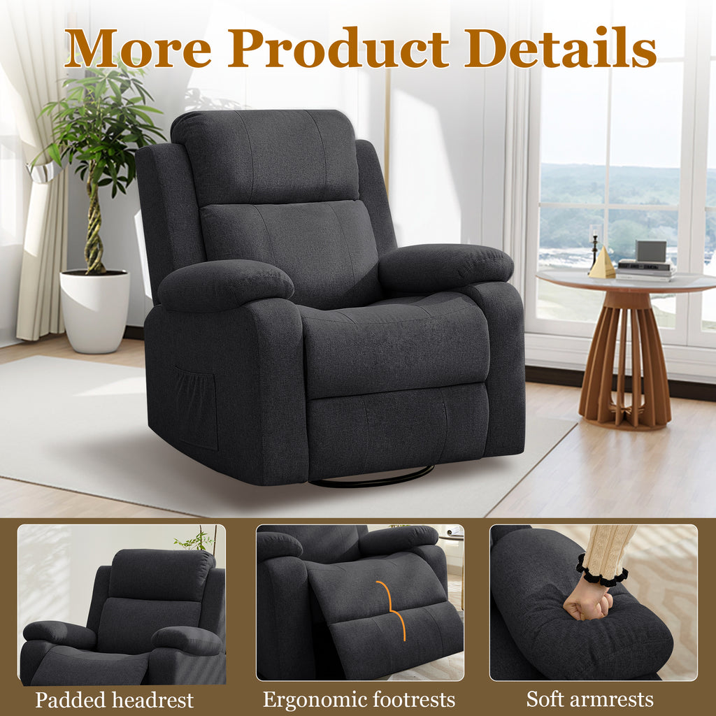 Recliner Chair for Adults, 360° Swivel Rocker Reclining Chairs, Nursery Rocking Chair with Massage and Heat, Upholstered Fabric Chair with Side Pockets, Oversized Glider for Living Room,