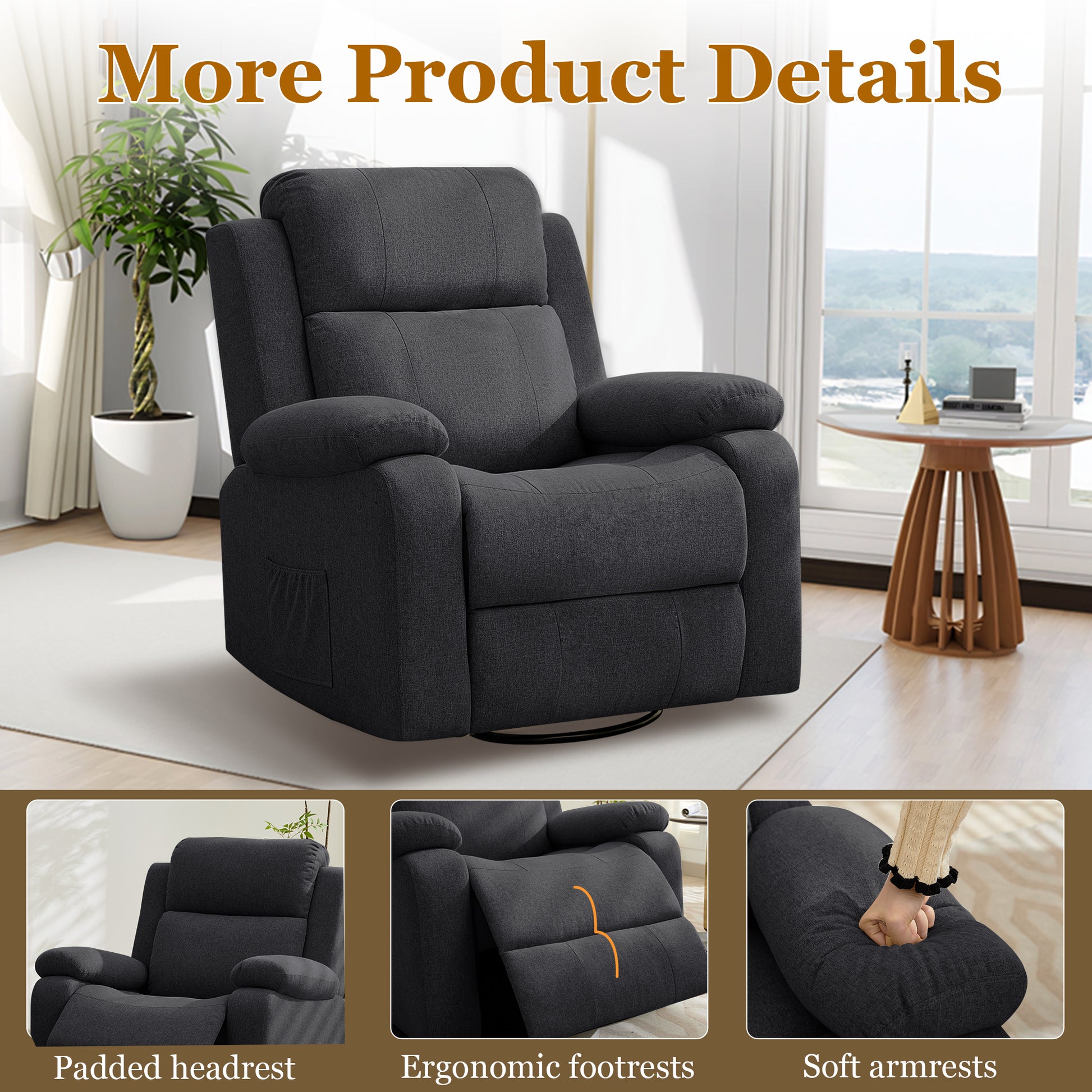 Recliner Chair for Adults, 360° Swivel Rocker Reclining Chairs, Nursery Rocking Chair with Massage and Heat, Upholstered Fabric Chair with Side Pockets, Oversized Glider for Living Room,