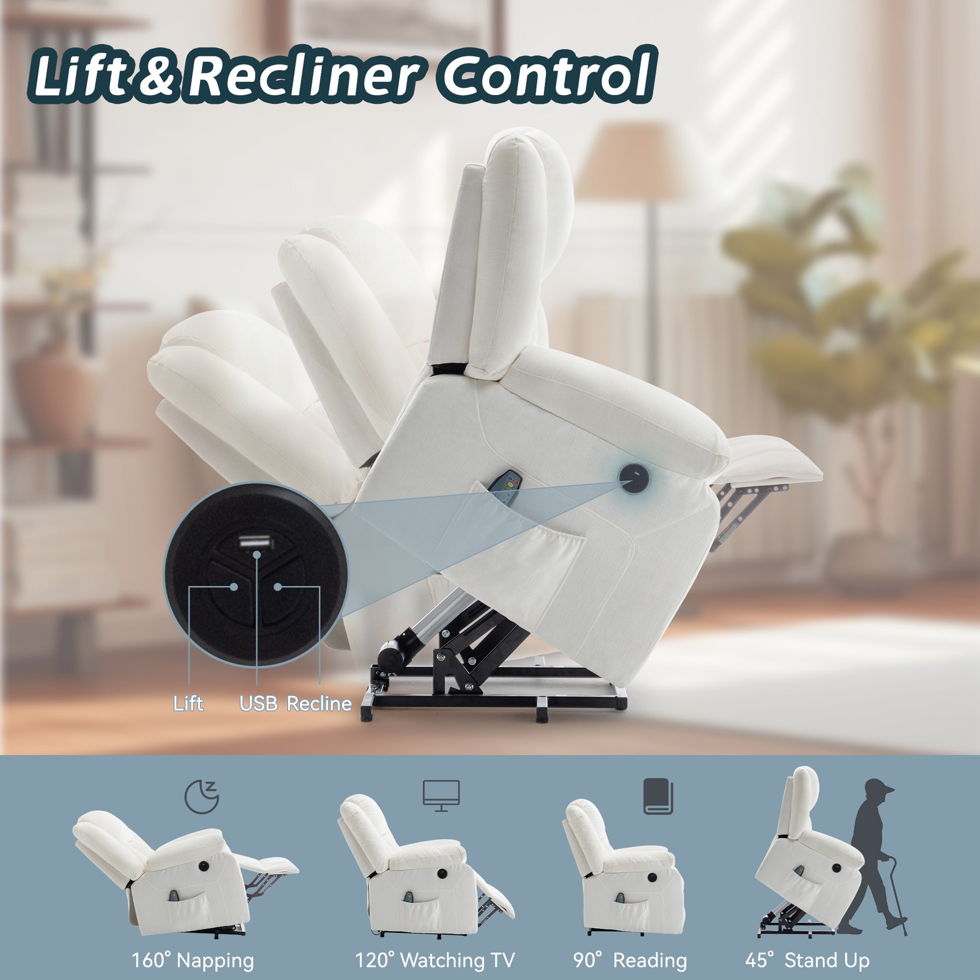 Power Lift Recliners for Elderly and Adults, Lift Chair with Massage and Heating, Electric Recliner with USB Ports, Reclining Chair with Easy-to-Reach Side Button, Chenille Recliner Sofa