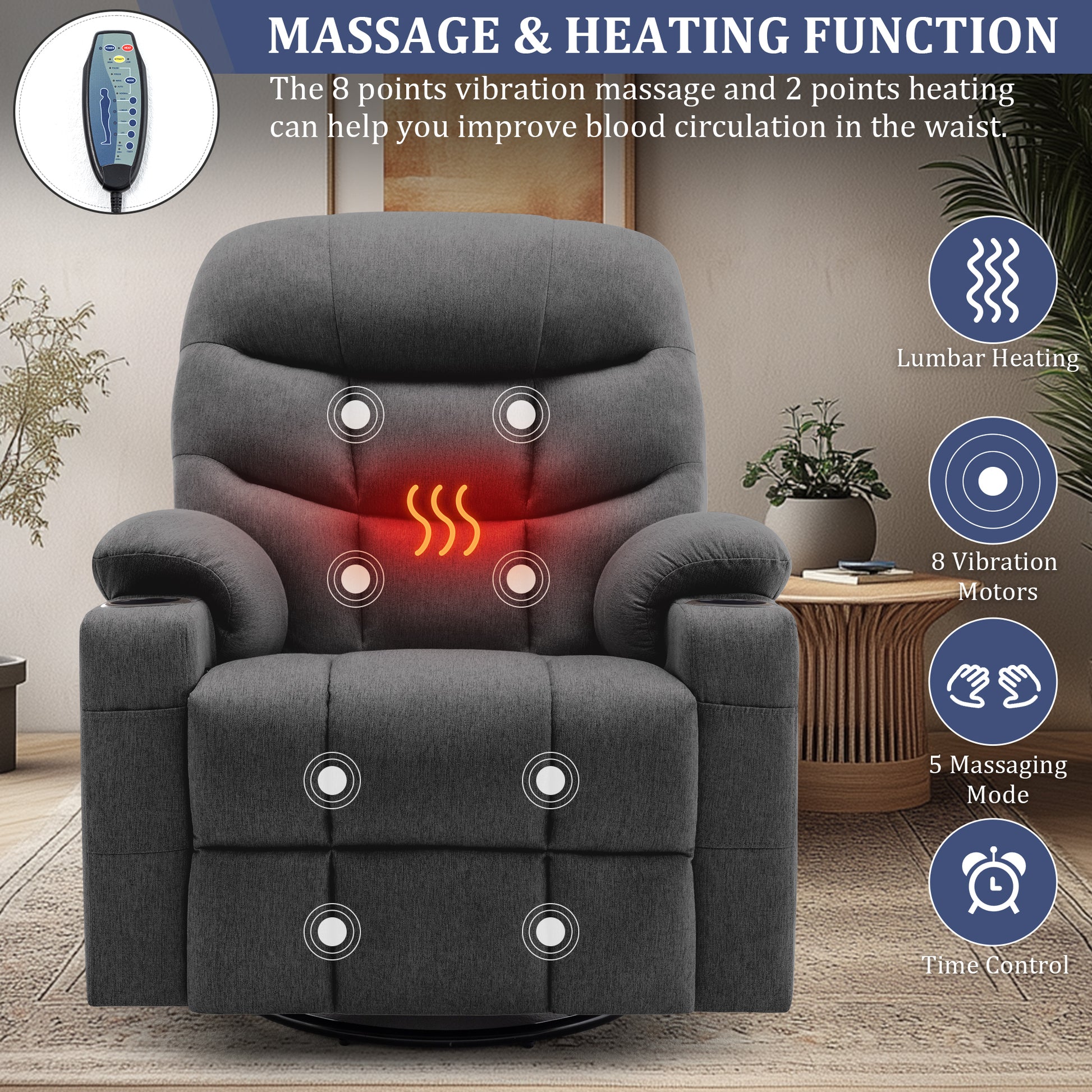 KORSER 360° Swivel Recliner Chairs for Adults, Rocker Chair with Heat and Massage（8 points massage 2 points heating）Comes with side pockets and remote control