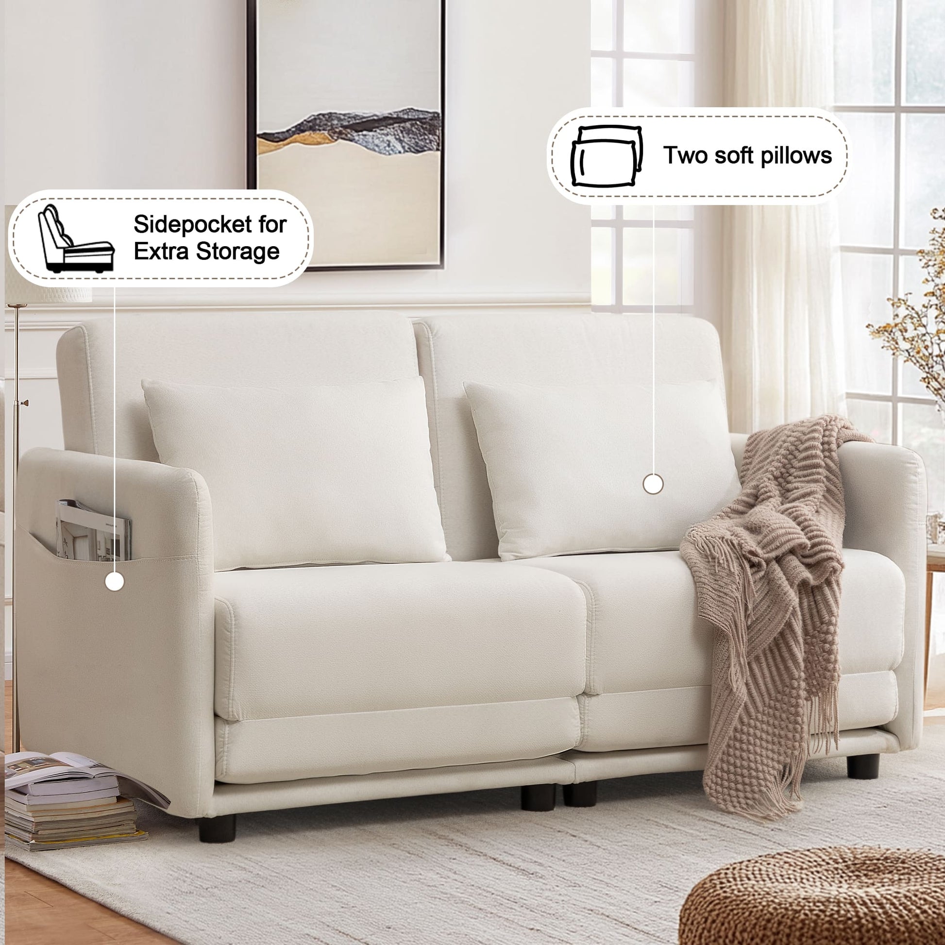 65" W x 80.7" L Small Queen Pull Out Couch, Loveseat Sleeper with Side Pockets, Fold Floor Sofa Bed with Breathable & Washable Cover
