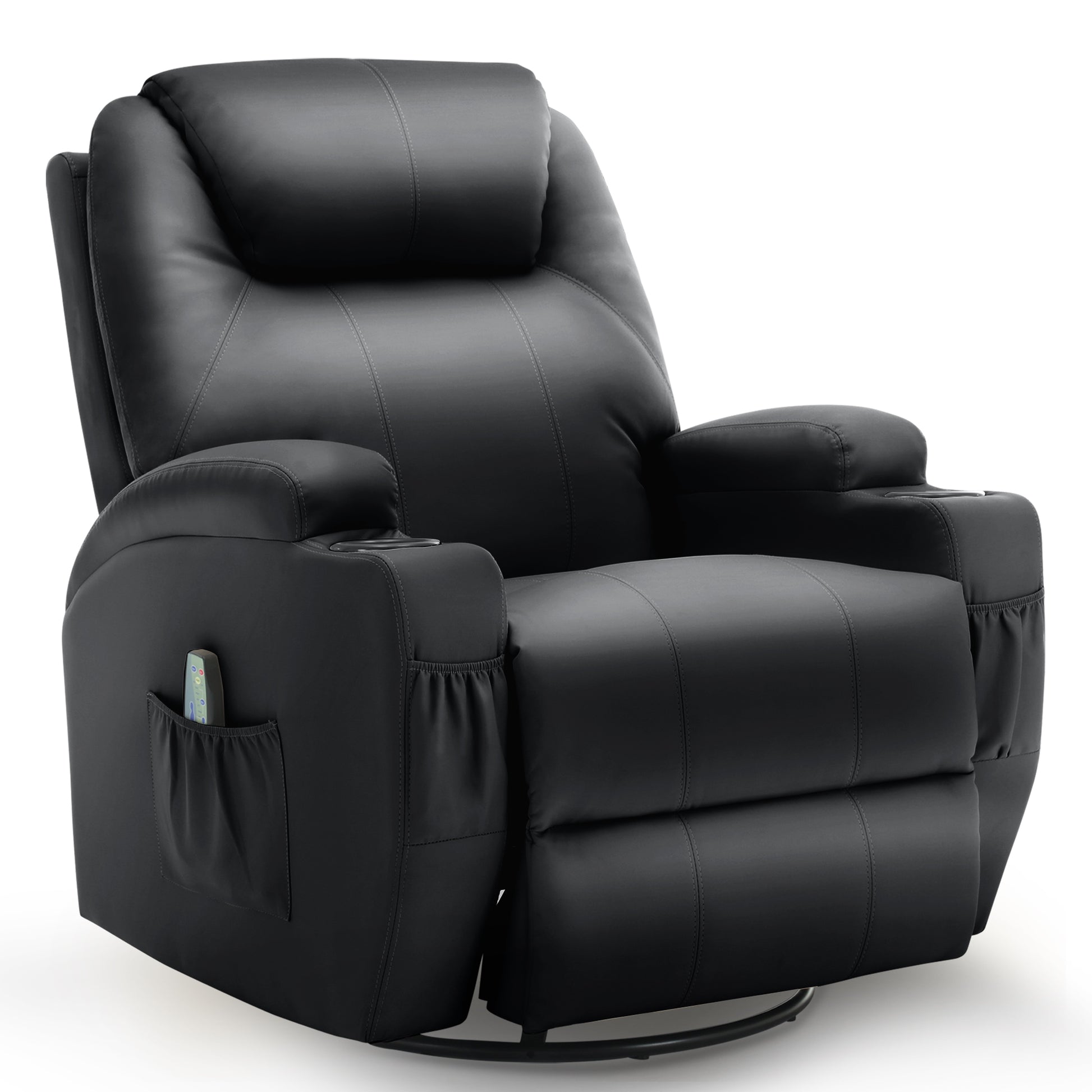 Black leather reclining chair with swivel function, remote control, and cup holder for optimal relaxation.