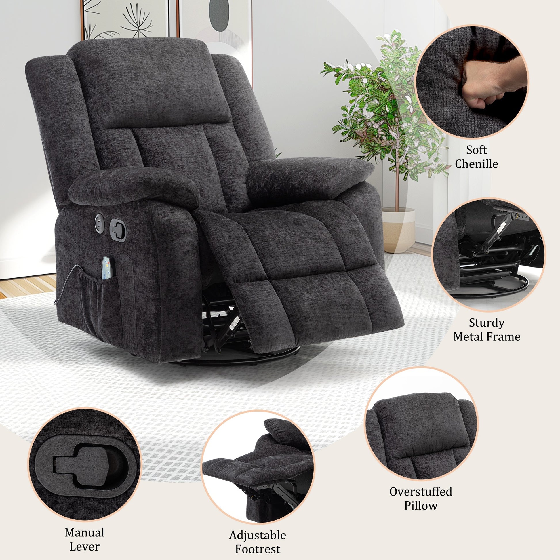 Rocker Recliner Chair, Glider Recliner Chairs for Adults, 360° Swivel Recliner with Massage and Heating, Rocking Recliner Chair with Side Pockets and USB