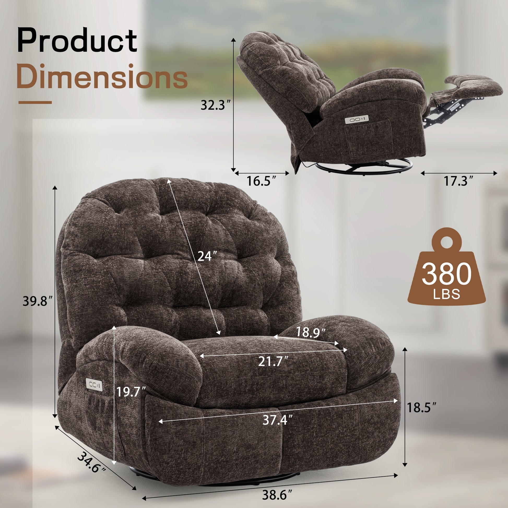 Oversized Swivel Recliner Chair, Nursery Rocking Power Recliner Chair for Adults, Electric Recliner, Comfortable Soft Shell Shaped Recliner with USB Ports and Storage for Living Room