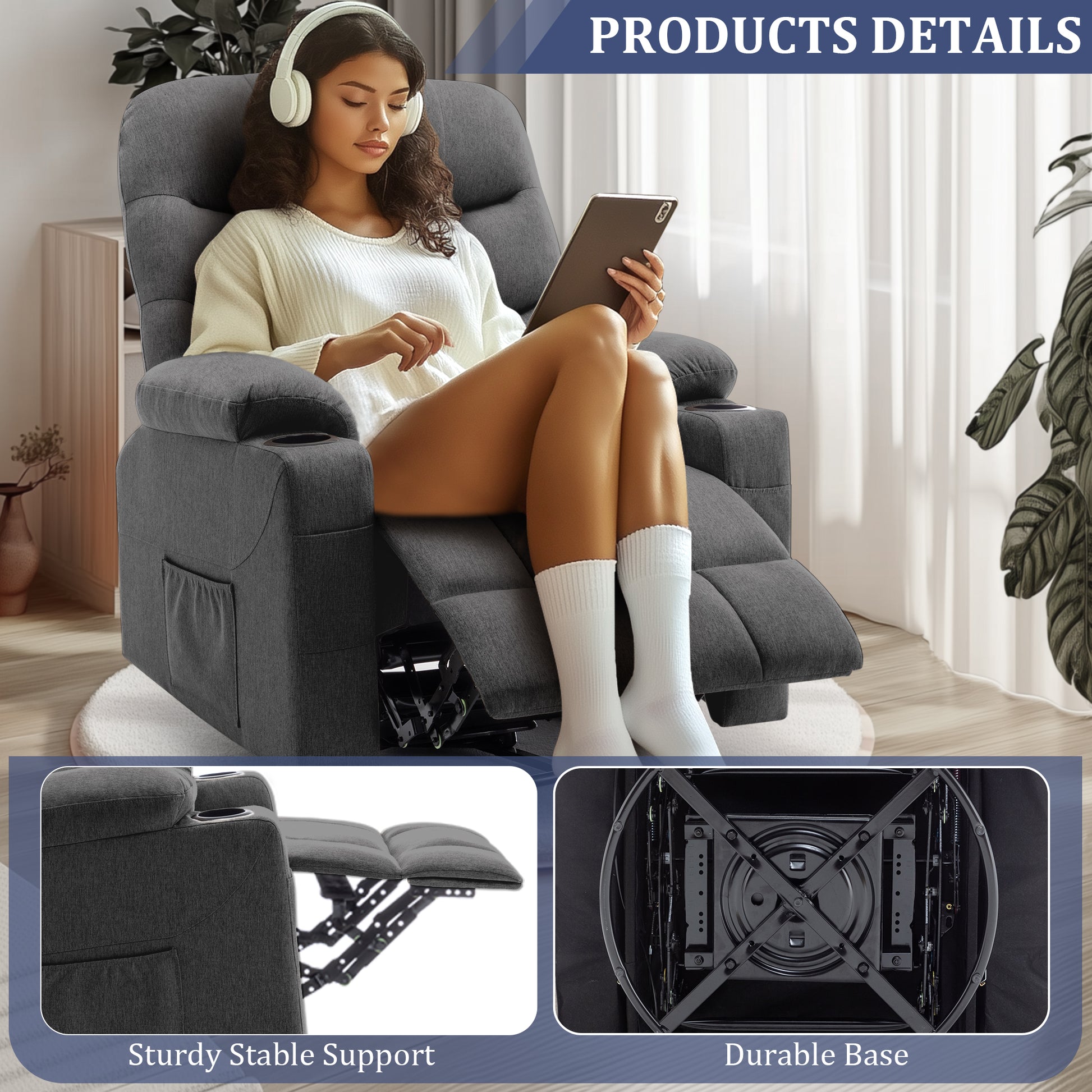 KORSER 360° Swivel Recliner Chairs for Adults, Rocker Chair with Heat and Massage（8 points massage 2 points heating）Comes with side pockets and remote control