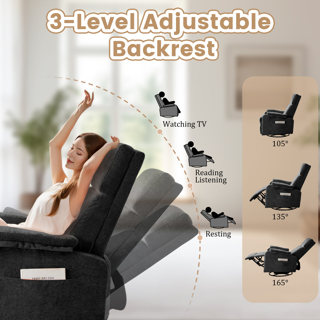 Power Swivel Recliner Chairs for Adults, Electric Glider Rocking Chair Nursery, Glider Recliner Nursery Chair with Classified Side Pocket, Nursery Rocking Chairs with USB and Type-C Ports