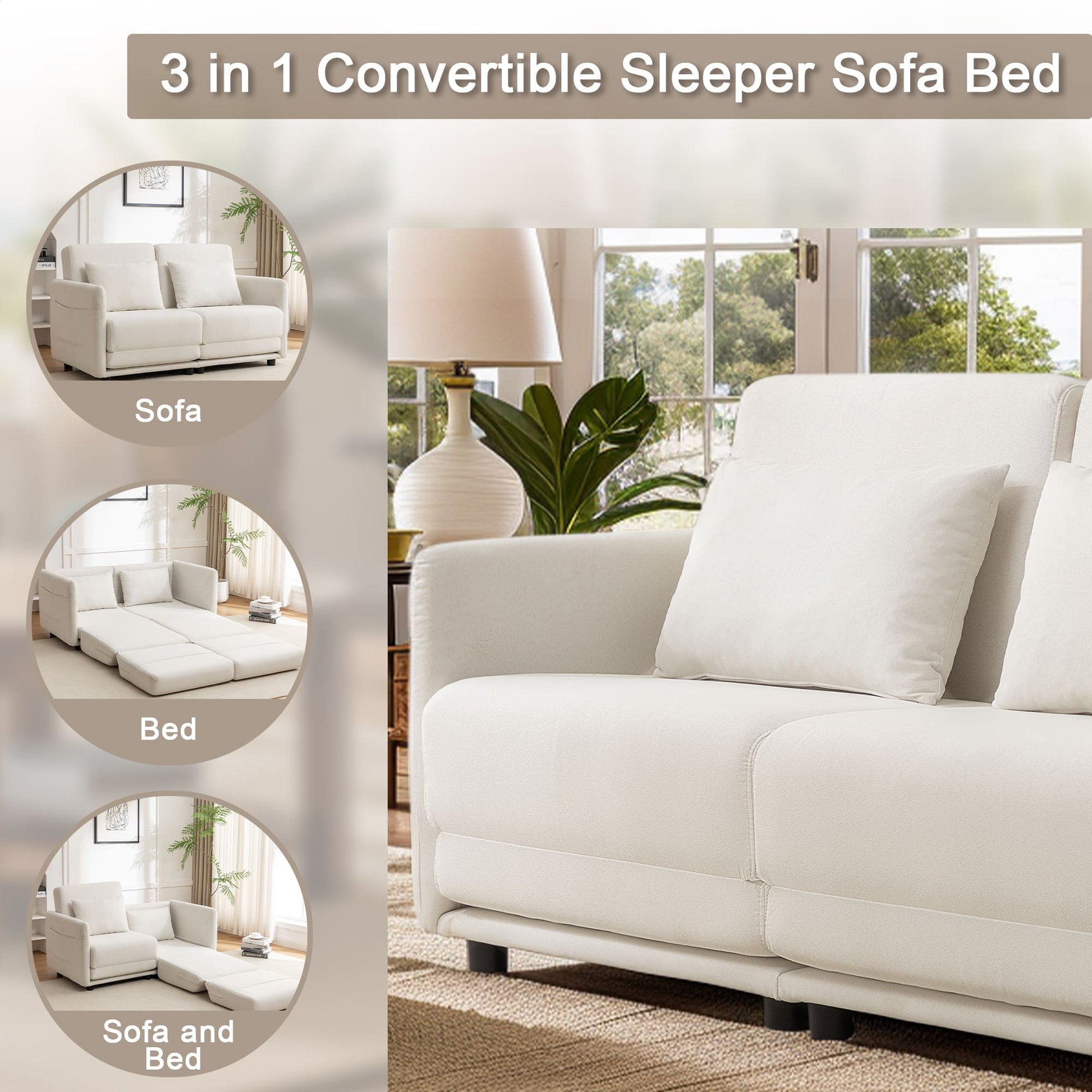 65" W x 80.7" L Small Queen Pull Out Couch, Loveseat Sleeper with Side Pockets, Fold Floor Sofa Bed with Breathable & Washable Cover