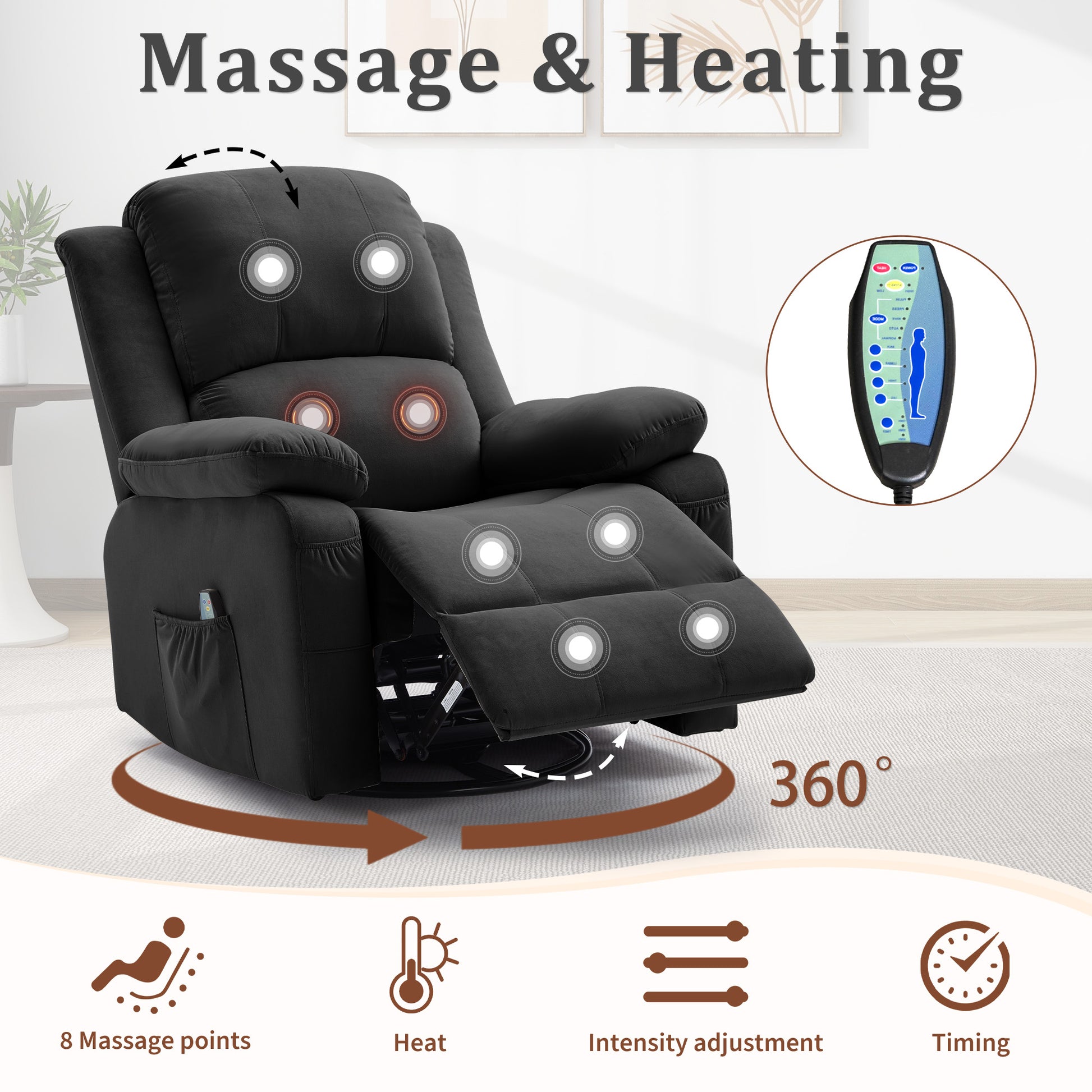 Korser Swivel Recliner Chair, Rocking Chair with Heat and Massage, Reclining Chair, Manual Recliner Chair for Adults, Recliners for Living Room, Bedroom