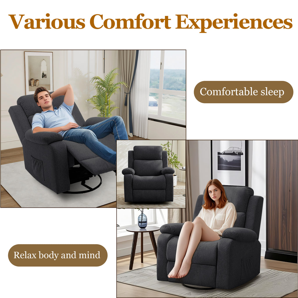 Recliner Chair for Adults, 360° Swivel Rocker Reclining Chairs, Nursery Rocking Chair with Massage and Heat, Upholstered Fabric Chair with Side Pockets, Oversized Glider for Living Room,