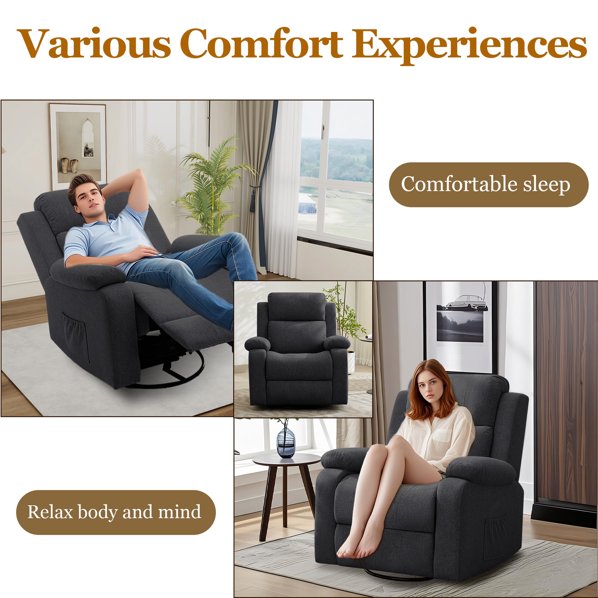 Recliner Chair for Adults, 360° Swivel Rocker Reclining Chairs, Nursery Rocking Chair with Massage and Heat, Upholstered Fabric Chair with Side Pockets, Oversized Glider for Living Room,