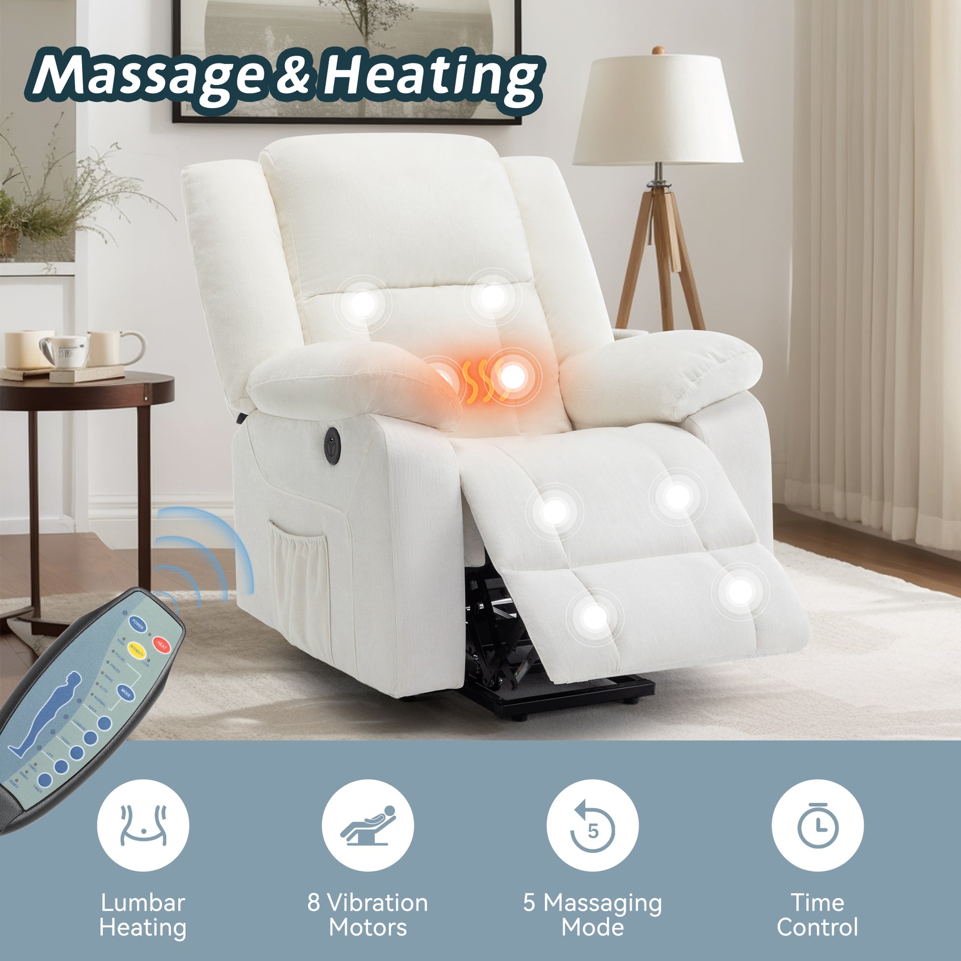 Power Lift Recliners for Elderly and Adults, Lift Chair with Massage and Heating, Electric Recliner with USB Ports, Reclining Chair with Easy-to-Reach Side Button, Chenille Recliner Sofa