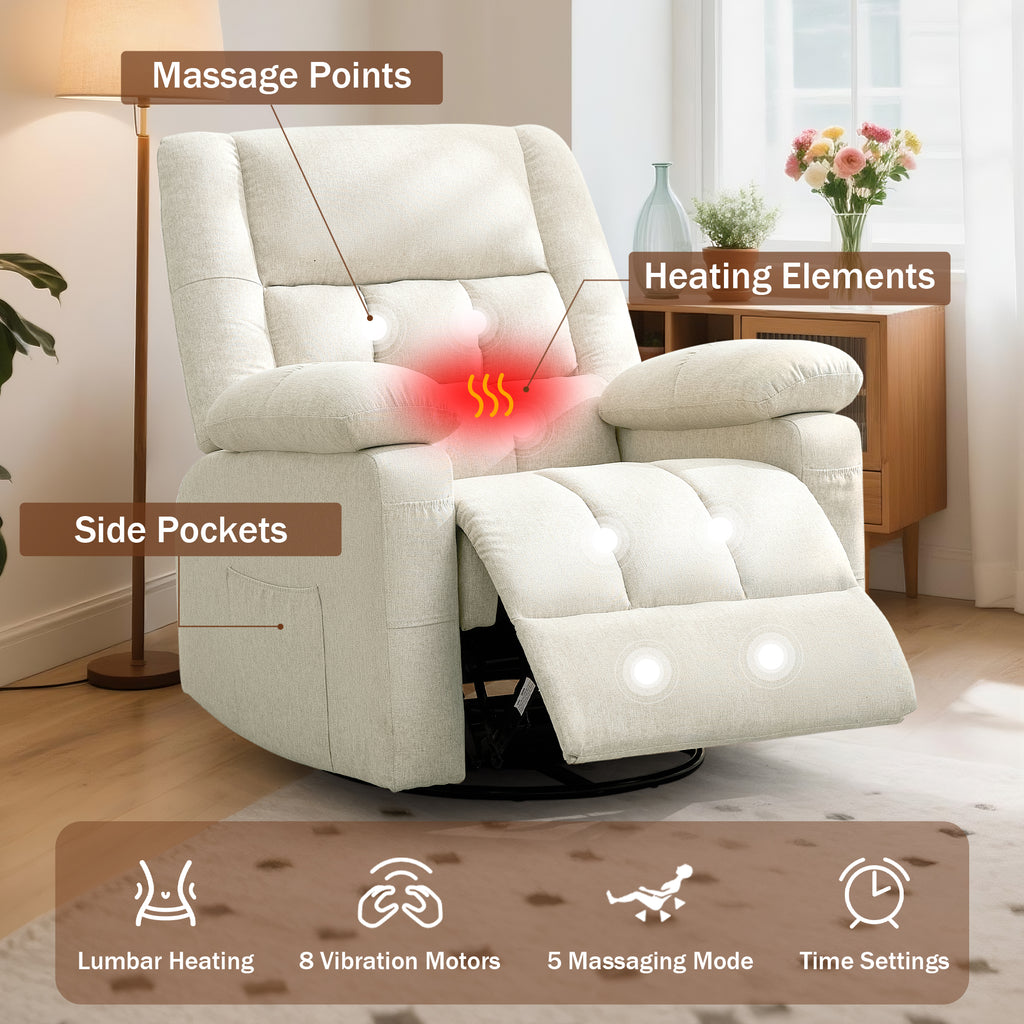 Korser Recliner Chair, Swivel Recliner Chairs for Adults, Glider Rocker Recliner with 2 Side Pockets, Recliners with Heat and Massage, Manual Reclining Chair for Living Room, Bedroom, Nursery