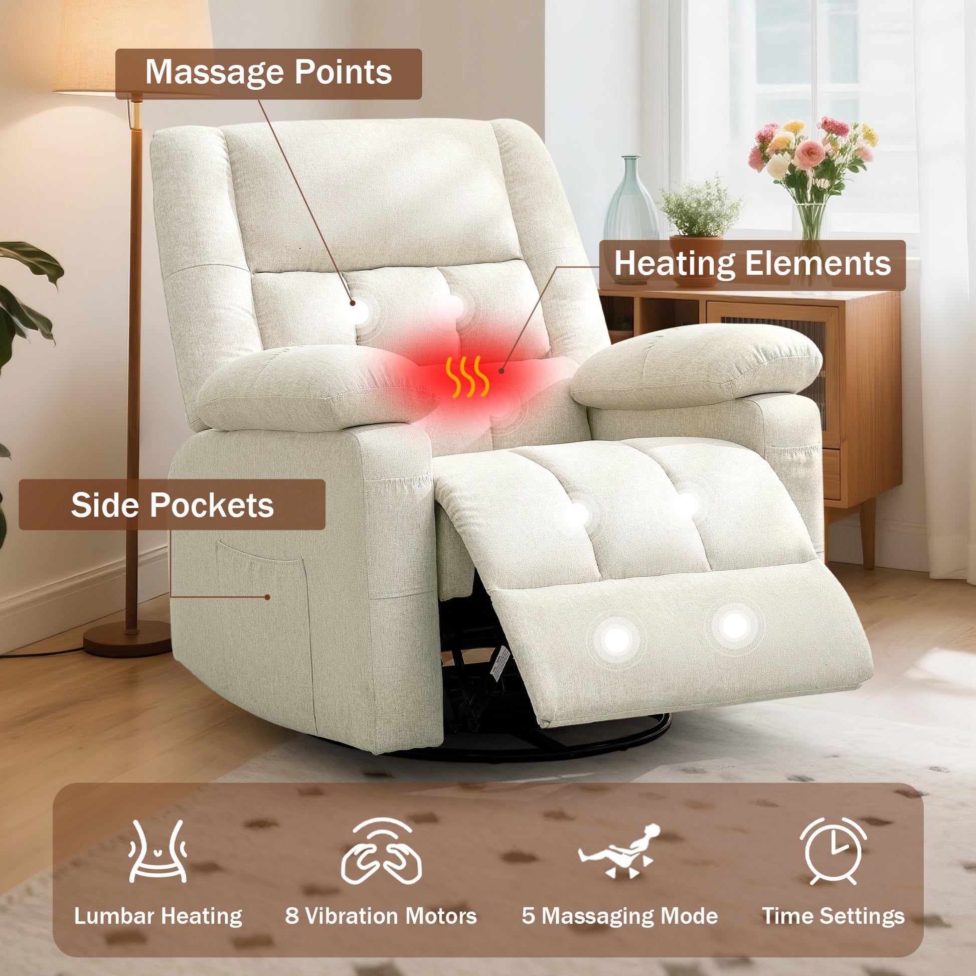 Korser Recliner Chair, Swivel Recliner Chairs for Adults, Glider Rocker Recliner with 2 Side Pockets, Recliners with Heat and Massage, Manual Reclining Chair for Living Room, Bedroom, Nursery