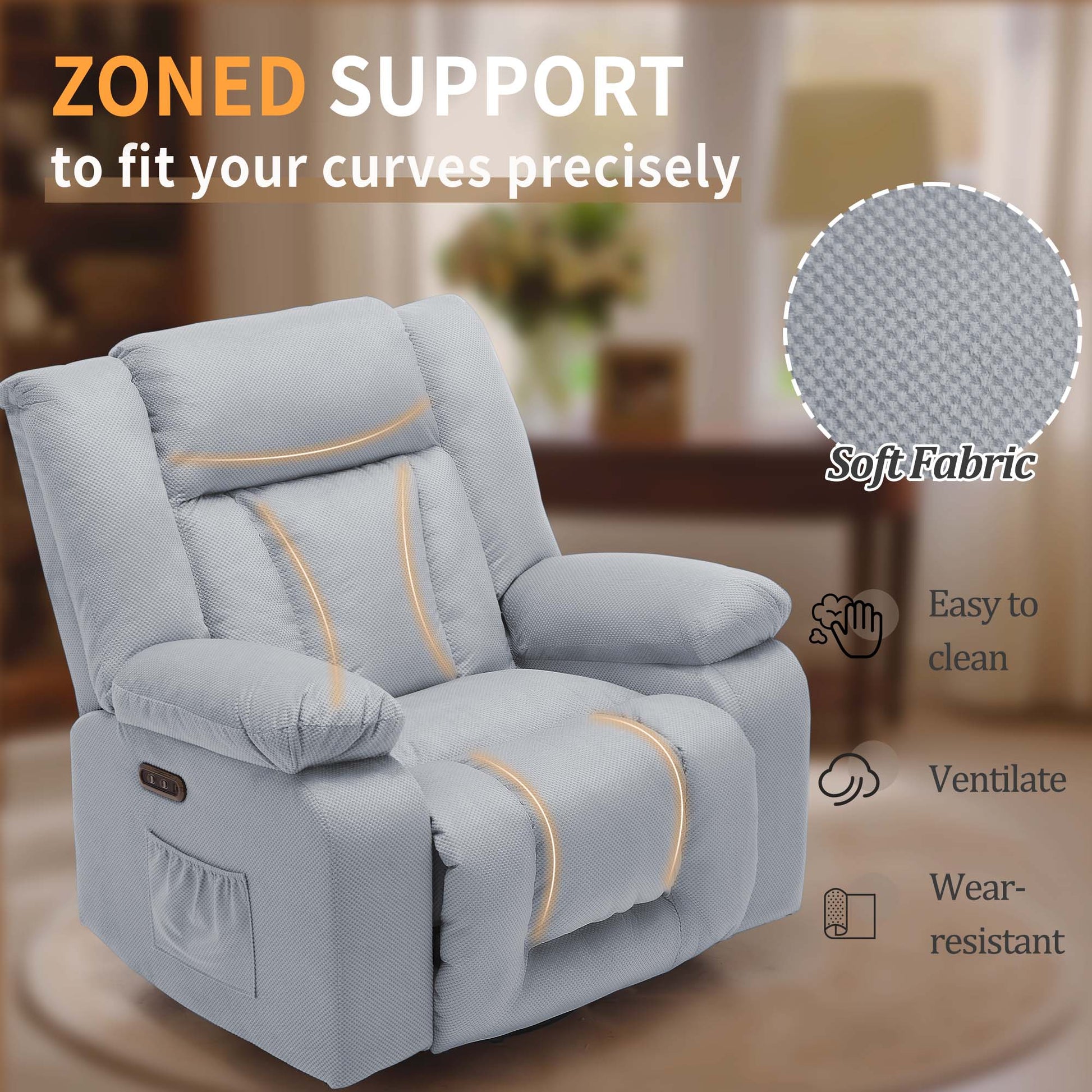 Oversized Power Recliner Chair, Swivel Rocking Chair for Adults, Electric Glider Reclining with Massage and Heating, Waffle Fabric Rocker Recliner with Side Pockets for Living Room, Bedroom