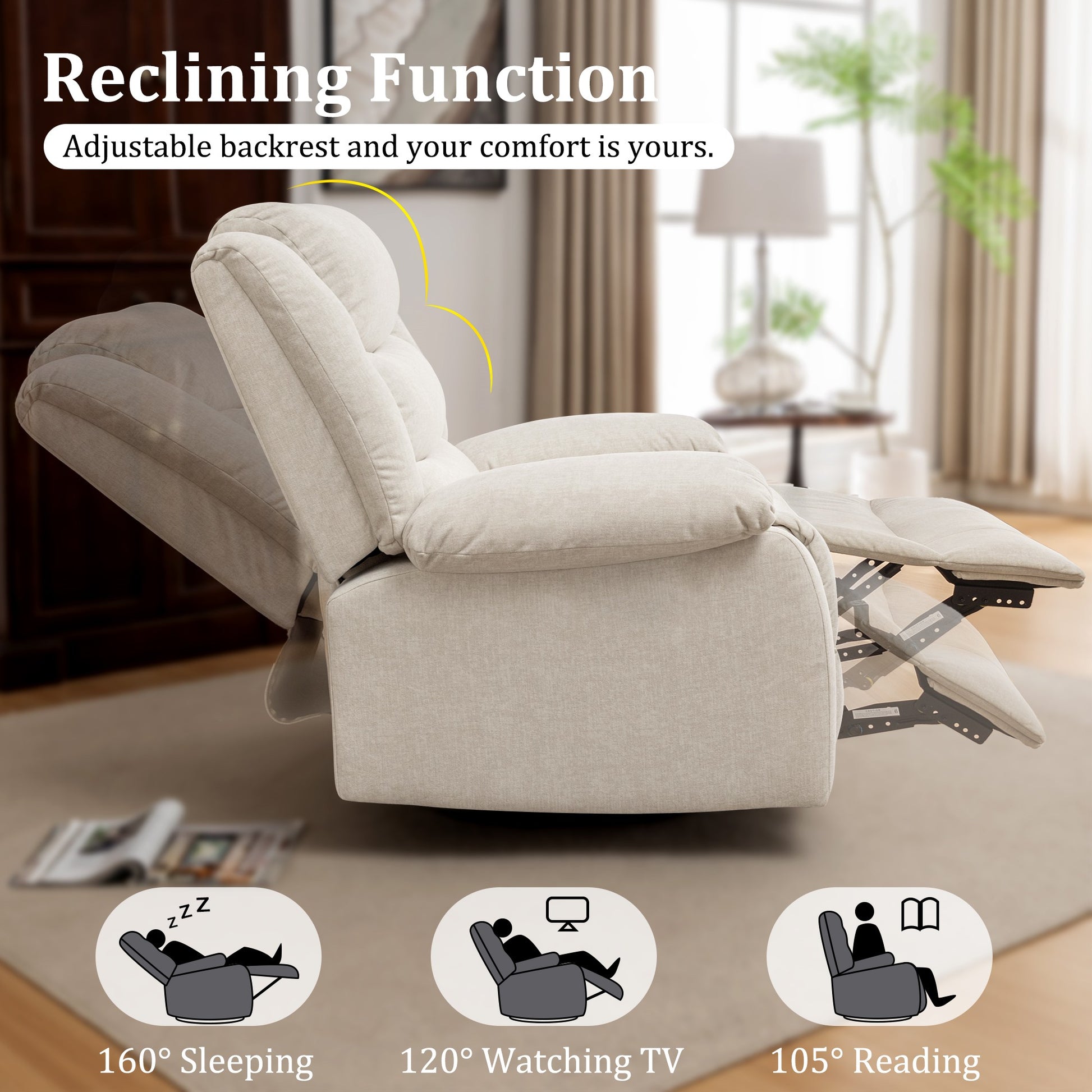 Recliner Chair, Wide Rocker Chair, Rocking Chair with Massage and Heat,360°Swivel Nursery Rocking Chairs, Oversized Recliner for Adults, Cashmere Reclining Sofa for Living Room