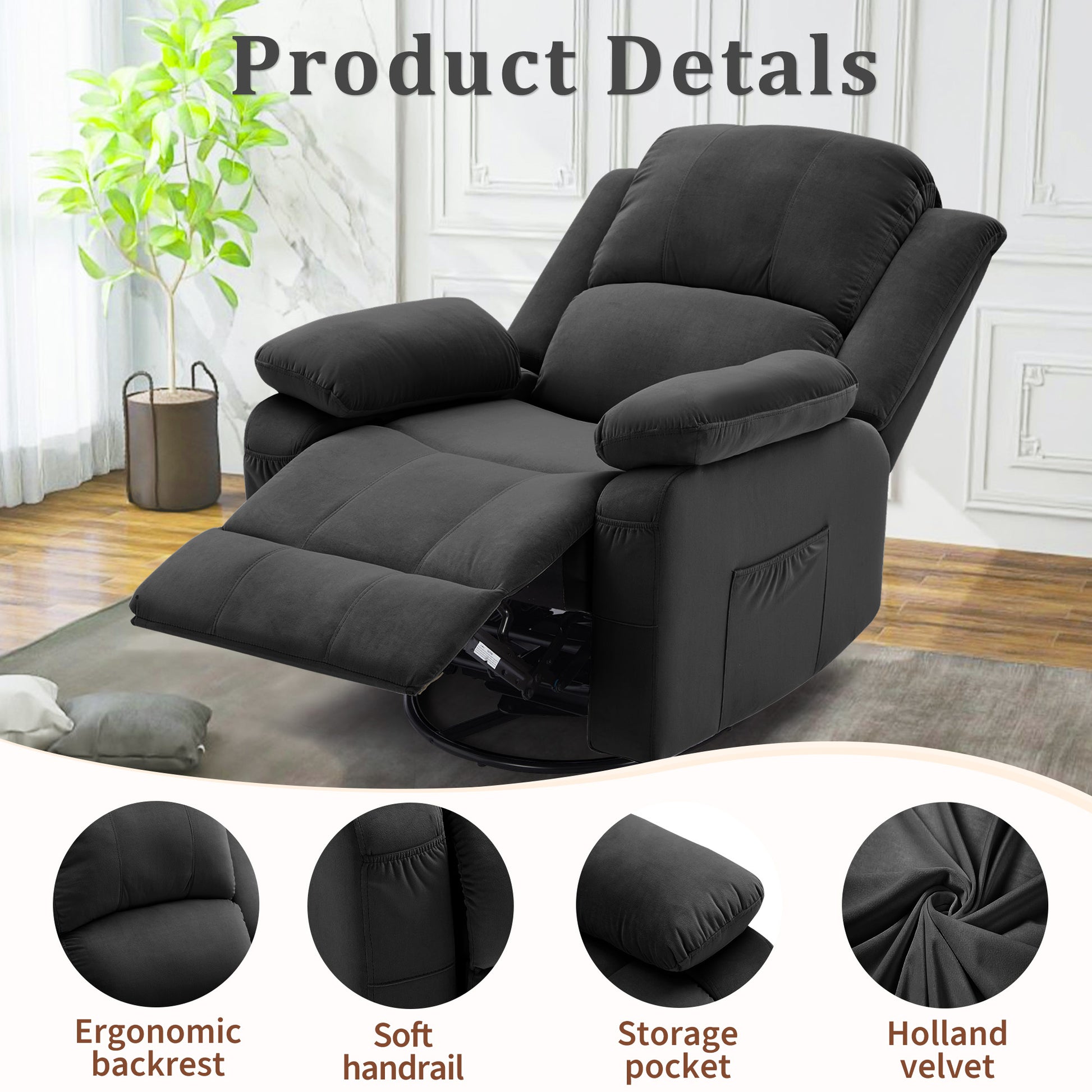 Korser Swivel Recliner Chair, Rocking Chair with Heat and Massage, Reclining Chair, Manual Recliner Chair for Adults, Recliners for Living Room, Bedroom