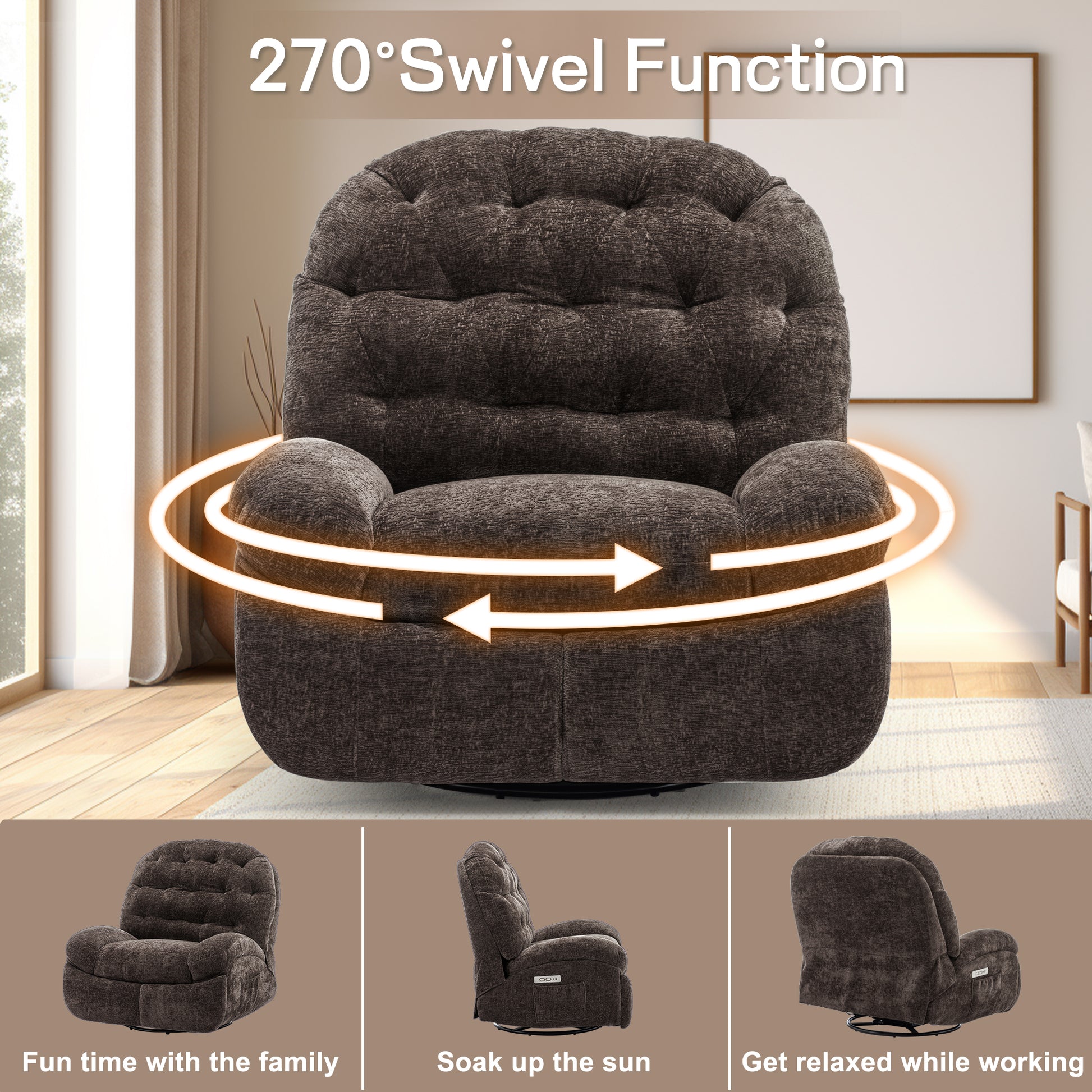 Oversized Swivel Recliner Chair, Nursery Rocking Power Recliner Chair for Adults, Electric Recliner, Comfortable Soft Shell Shaped Recliner with USB Ports and Storage for Living Room