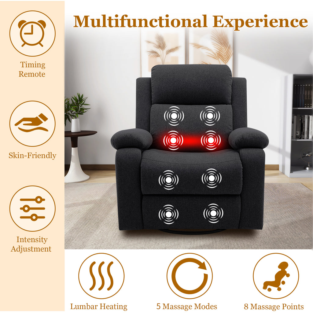 Recliner Chair for Adults, 360° Swivel Rocker Reclining Chairs, Nursery Rocking Chair with Massage and Heat, Upholstered Fabric Chair with Side Pockets, Oversized Glider for Living Room,