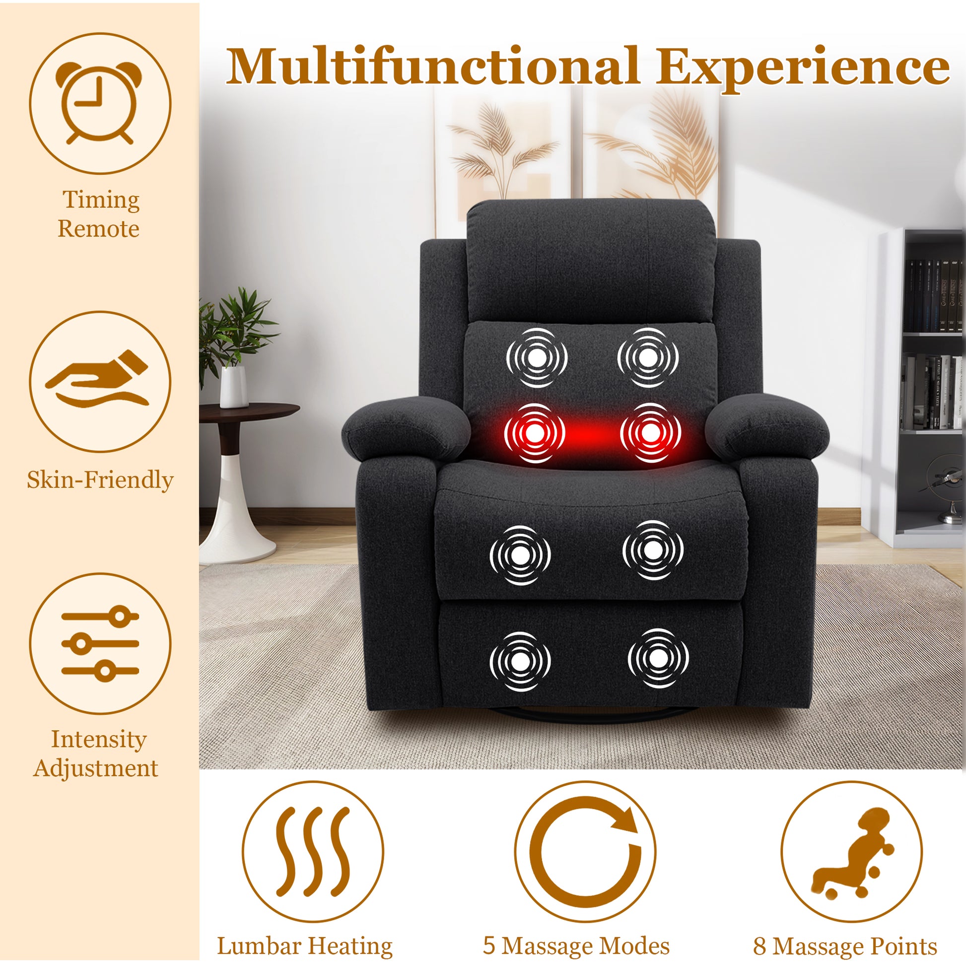 Recliner Chair for Adults, 360° Swivel Rocker Reclining Chairs, Nursery Rocking Chair with Massage and Heat, Upholstered Fabric Chair with Side Pockets, Oversized Glider for Living Room,