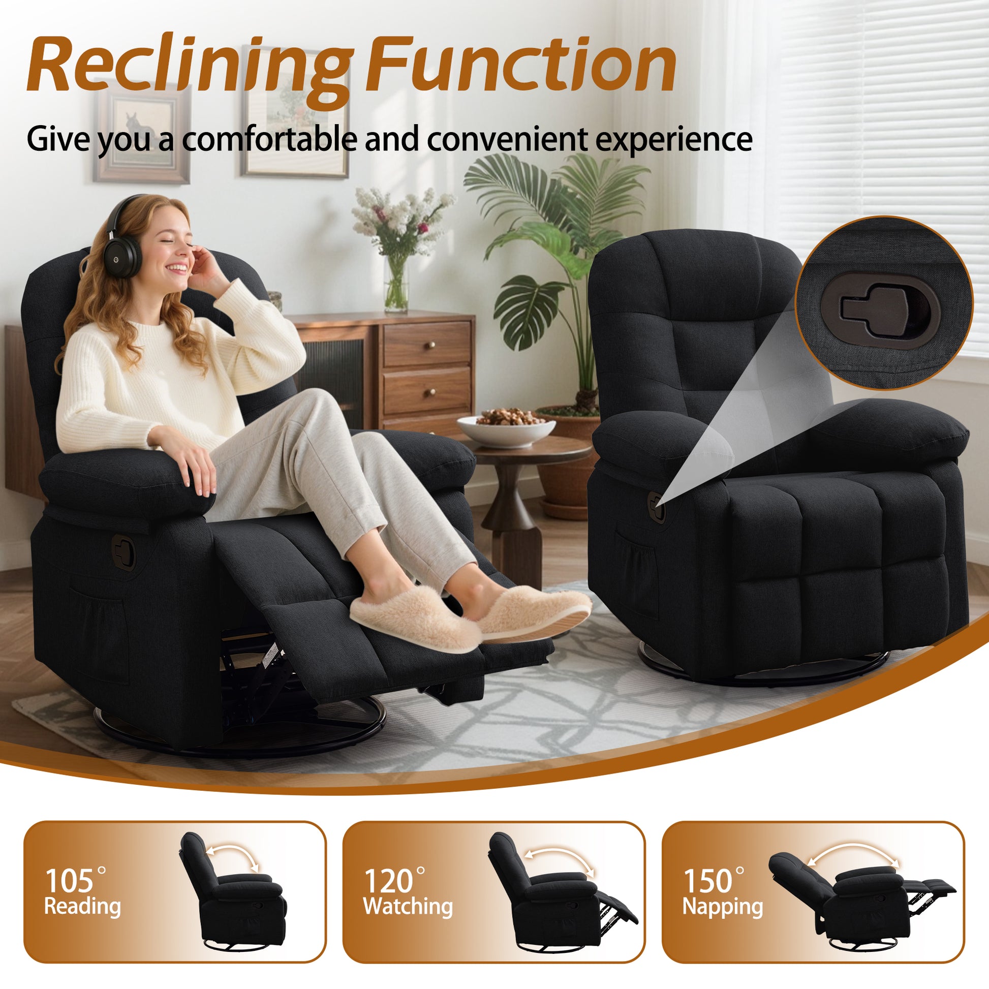 Korser Manual Swivel Rocker Recliner Comfort Chair for Living Room,Small Recliner Sofa for Small Spaces,Linen Fabric