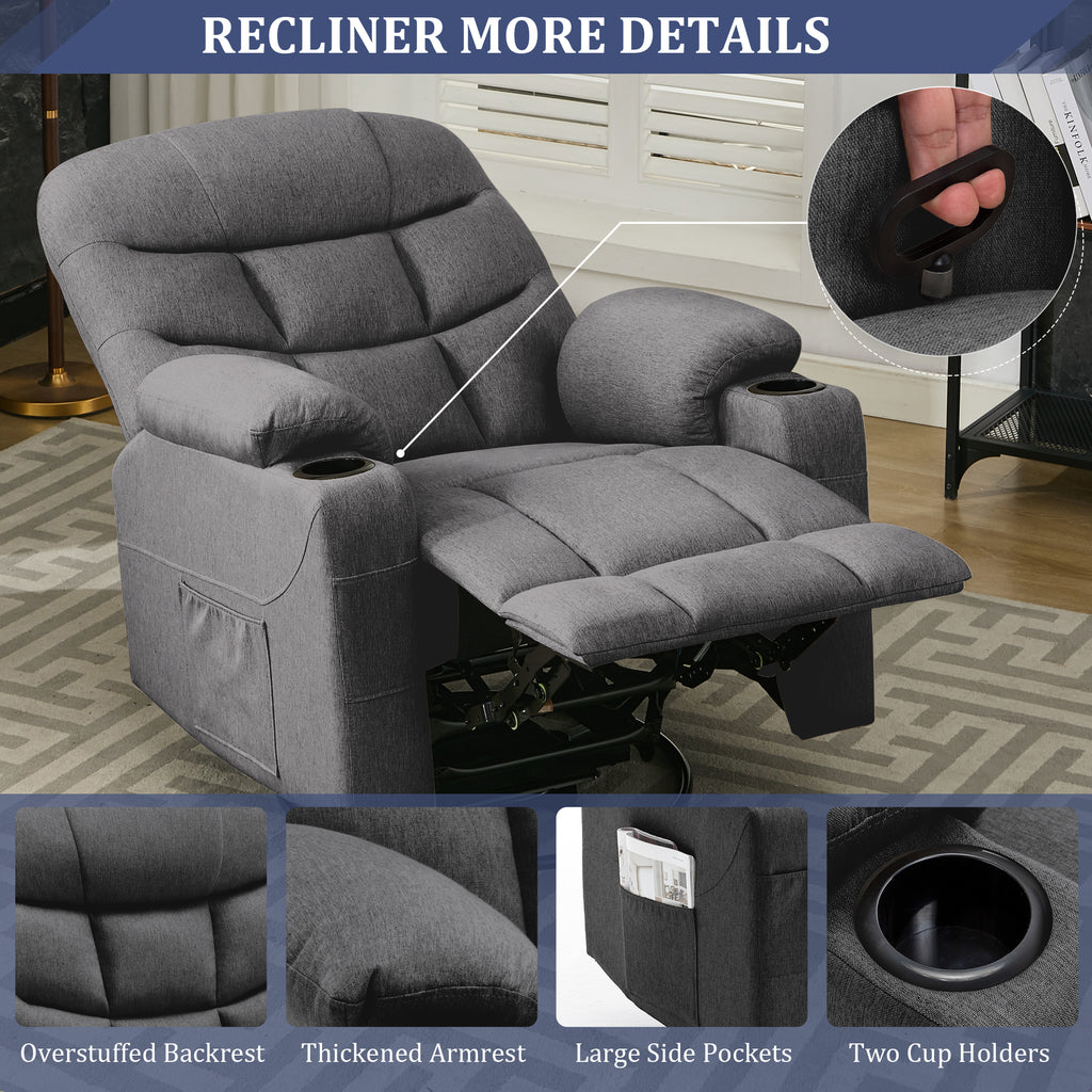 KORSER 360° Swivel Recliner Chairs for Adults, Rocker Chair with Heat and Massage（8 points massage 2 points heating）Comes with side pockets and remote control