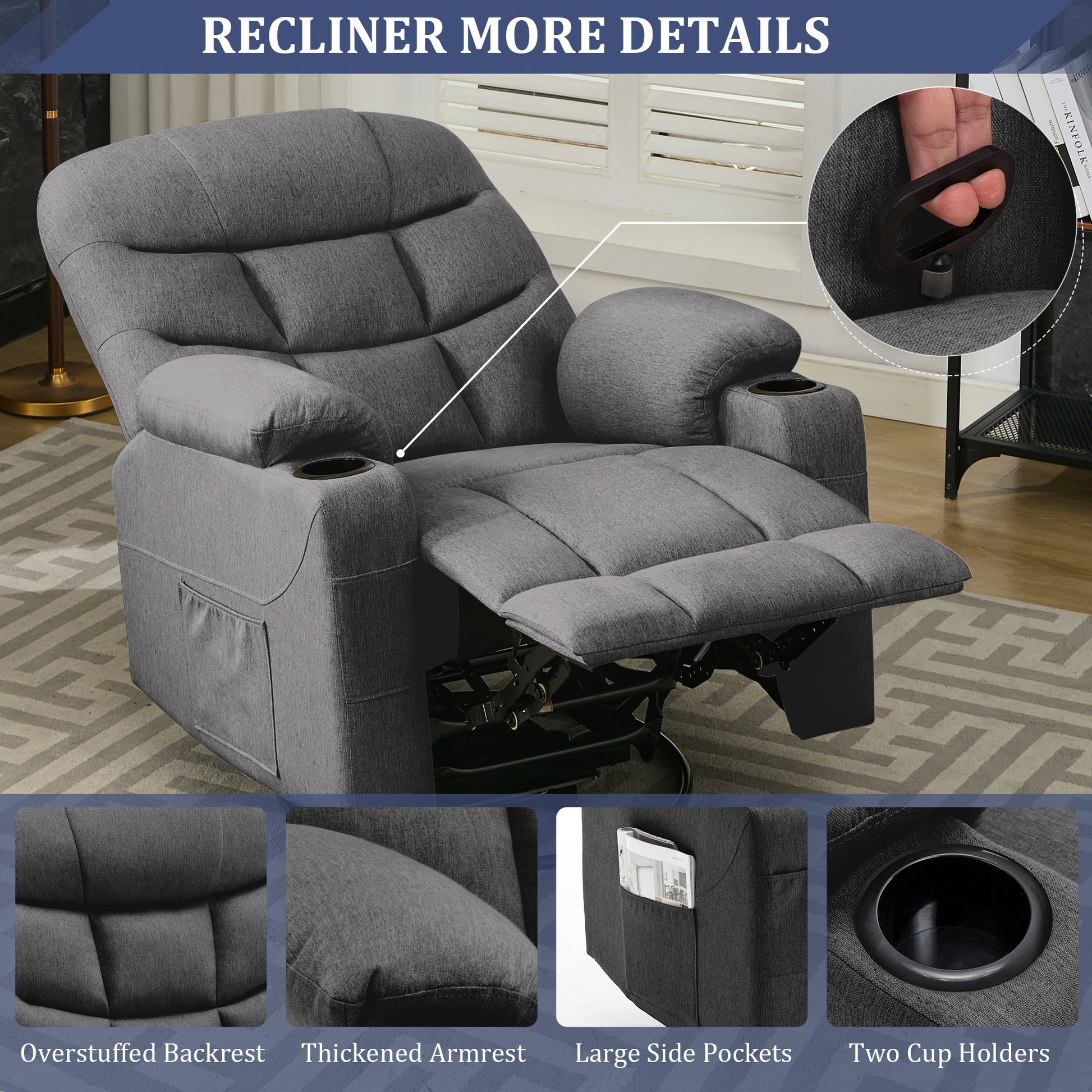 KORSER 360° Swivel Recliner Chairs for Adults, Rocker Chair with Heat and Massage（8 points massage 2 points heating）Comes with side pockets and remote control