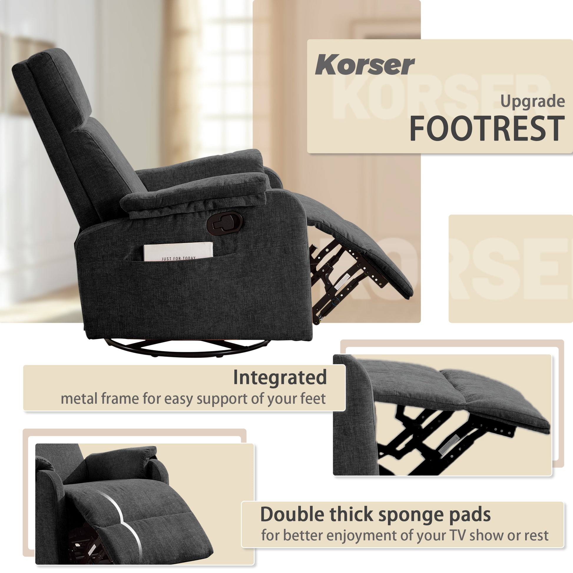 Power Swivel Recliner Chairs for Adults, Electric Glider Rocking Chair Nursery, Glider Recliner Nursery Chair with Classified Side Pocket, Nursery Rocking Chairs with USB and Type-C Ports