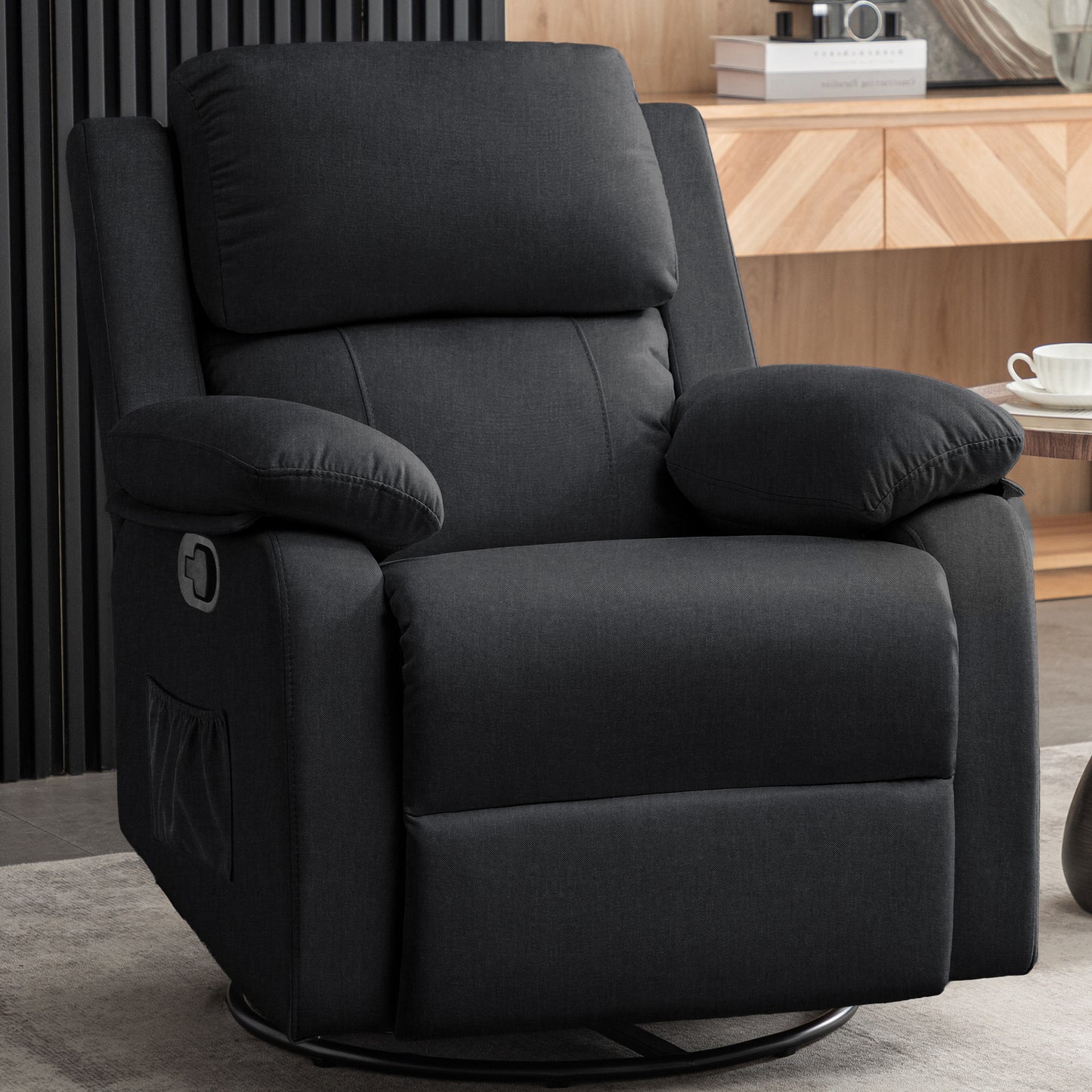 Recliner Chair, 360 Swivel Rocker Chair for Adults, Small Rocking Recliner Chair for Small Spaces, Upholstered Fabric Recliner Chair with Side Pockets for Living Room