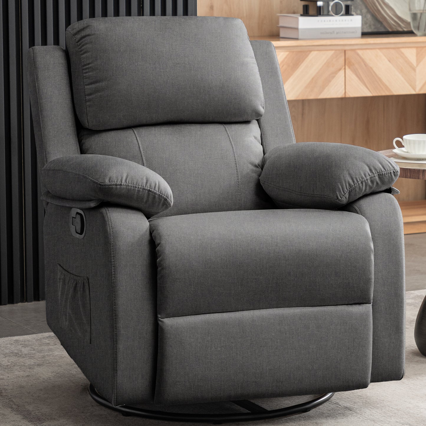 Recliner Chair, 360 Swivel Rocker Chair for Adults, Small Rocking Recliner Chair for Small Spaces, Upholstered Fabric Recliner Chair with Side Pockets for Living Room