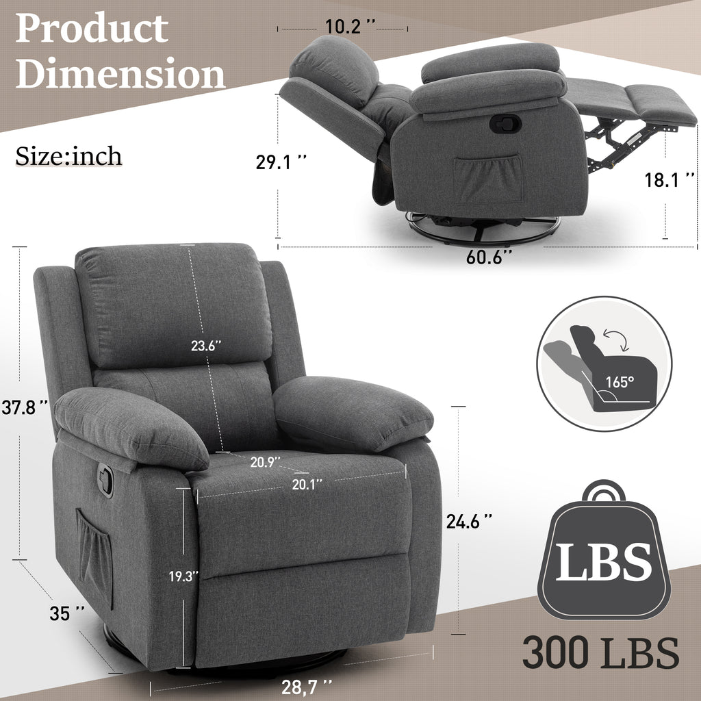 Korser Recliner Chair, 360 Swivel Rocker Chair for Adults, Small Rocking Recliner Chair for Small Spaces, Upholstered Fabric Recliner Chair with Side Pockets for Living Room