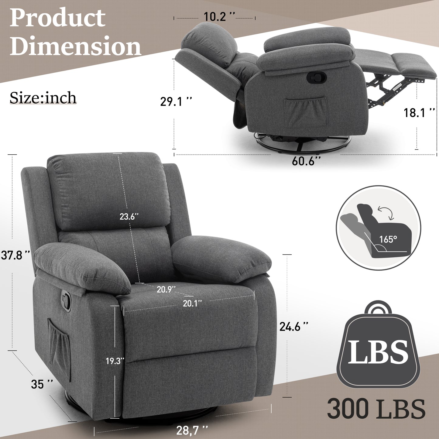Recliner Chair, 360 Swivel Rocker Chair for Adults, Small Rocking Recliner Chair for Small Spaces, Upholstered Fabric Recliner Chair with Side Pockets for Living Room