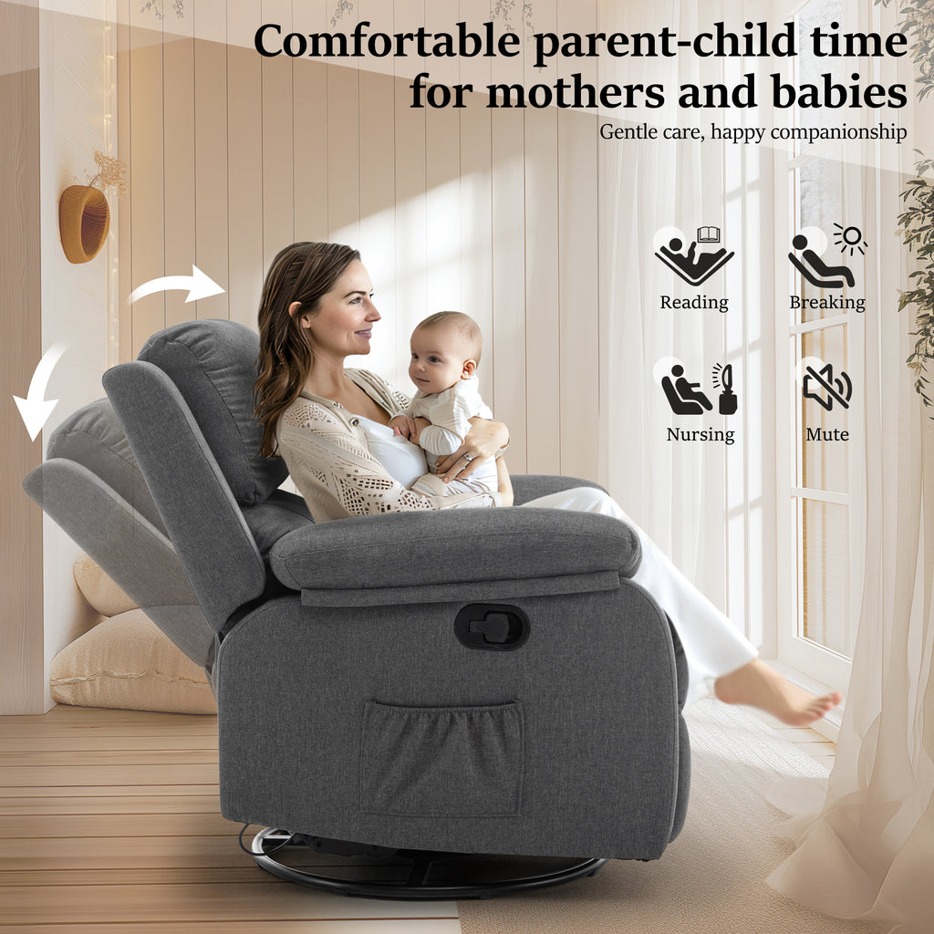 Korser Recliner Chair, 360 Swivel Rocker Chair for Adults, Small Rocking Recliner Chair for Small Spaces, Upholstered Fabric Recliner Chair with Side Pockets for Living Room
