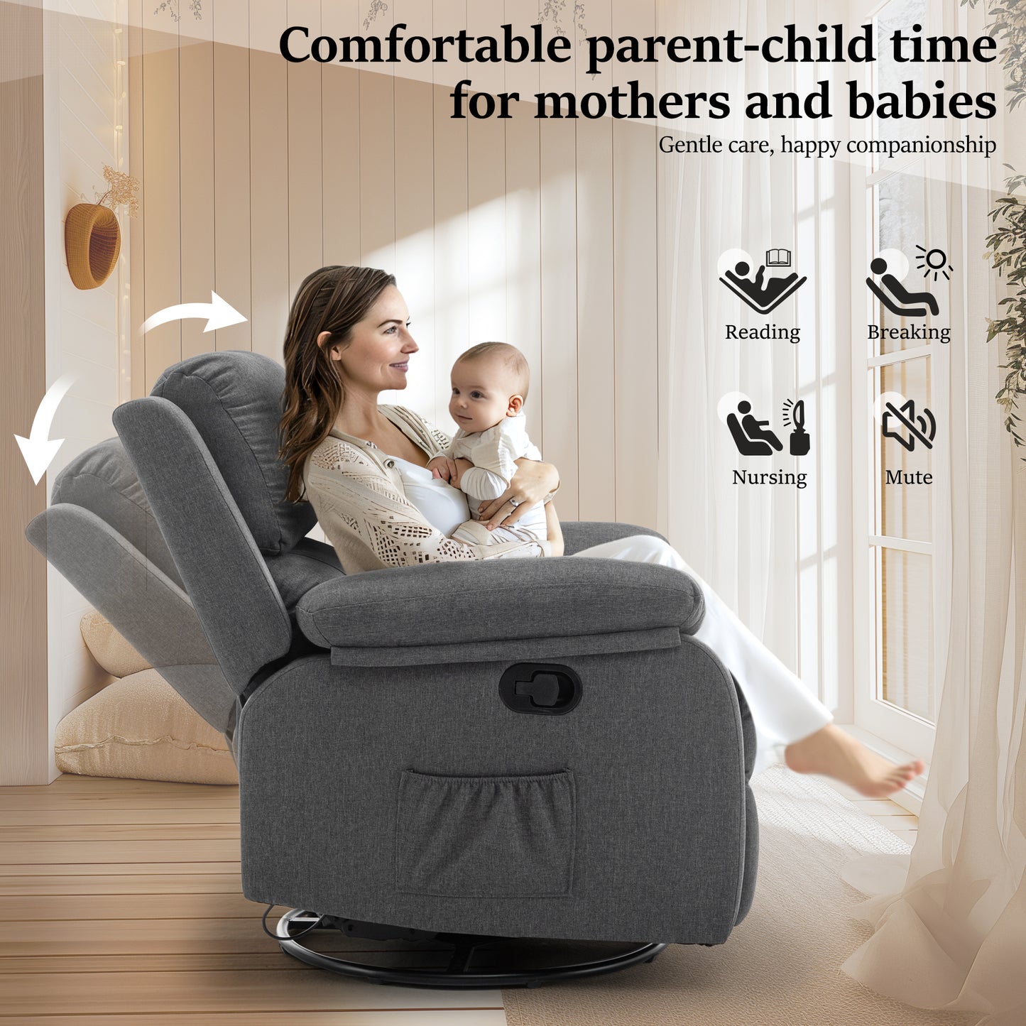 Recliner Chair, 360 Swivel Rocker Chair for Adults, Small Rocking Recliner Chair for Small Spaces, Upholstered Fabric Recliner Chair with Side Pockets for Living Room