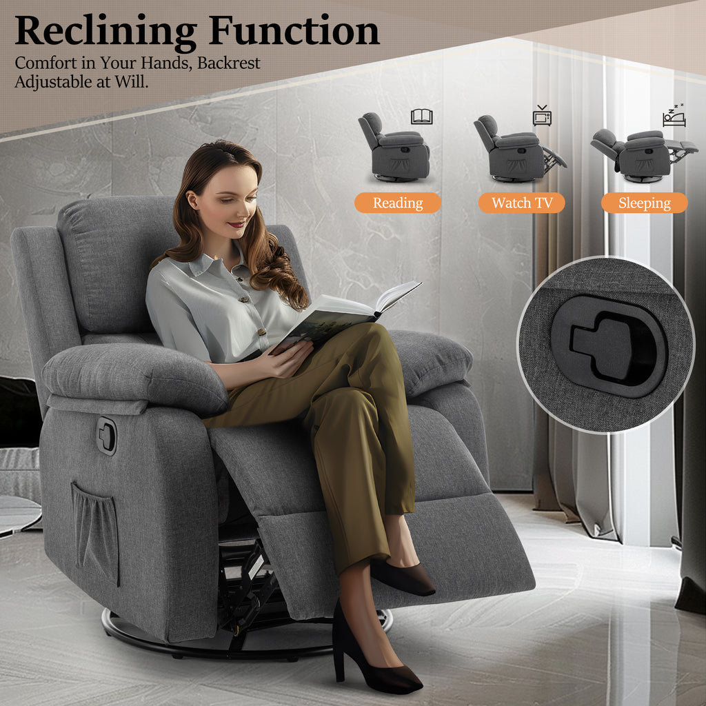 Korser Recliner Chair, 360 Swivel Rocker Chair for Adults, Small Rocking Recliner Chair for Small Spaces, Upholstered Fabric Recliner Chair with Side Pockets for Living Room