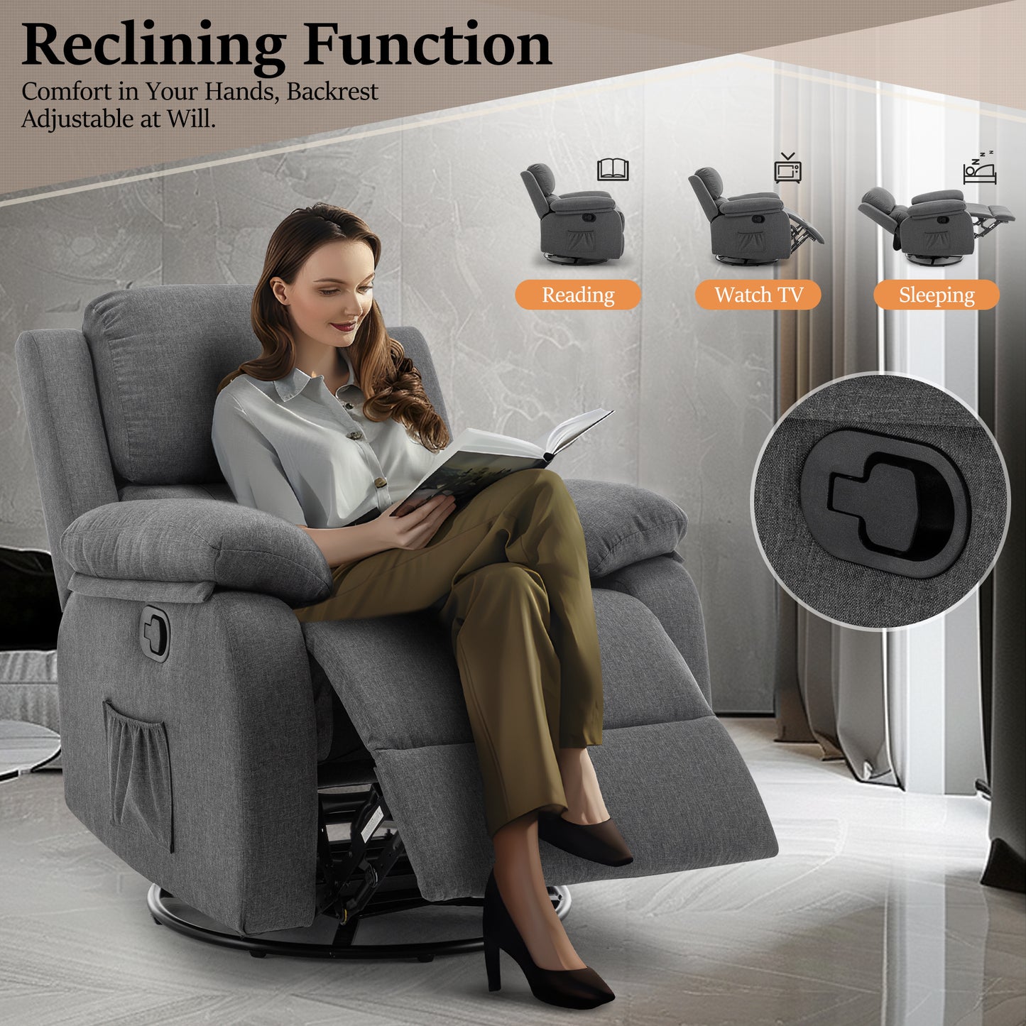 Recliner Chair, 360 Swivel Rocker Chair for Adults, Small Rocking Recliner Chair for Small Spaces, Upholstered Fabric Recliner Chair with Side Pockets for Living Room