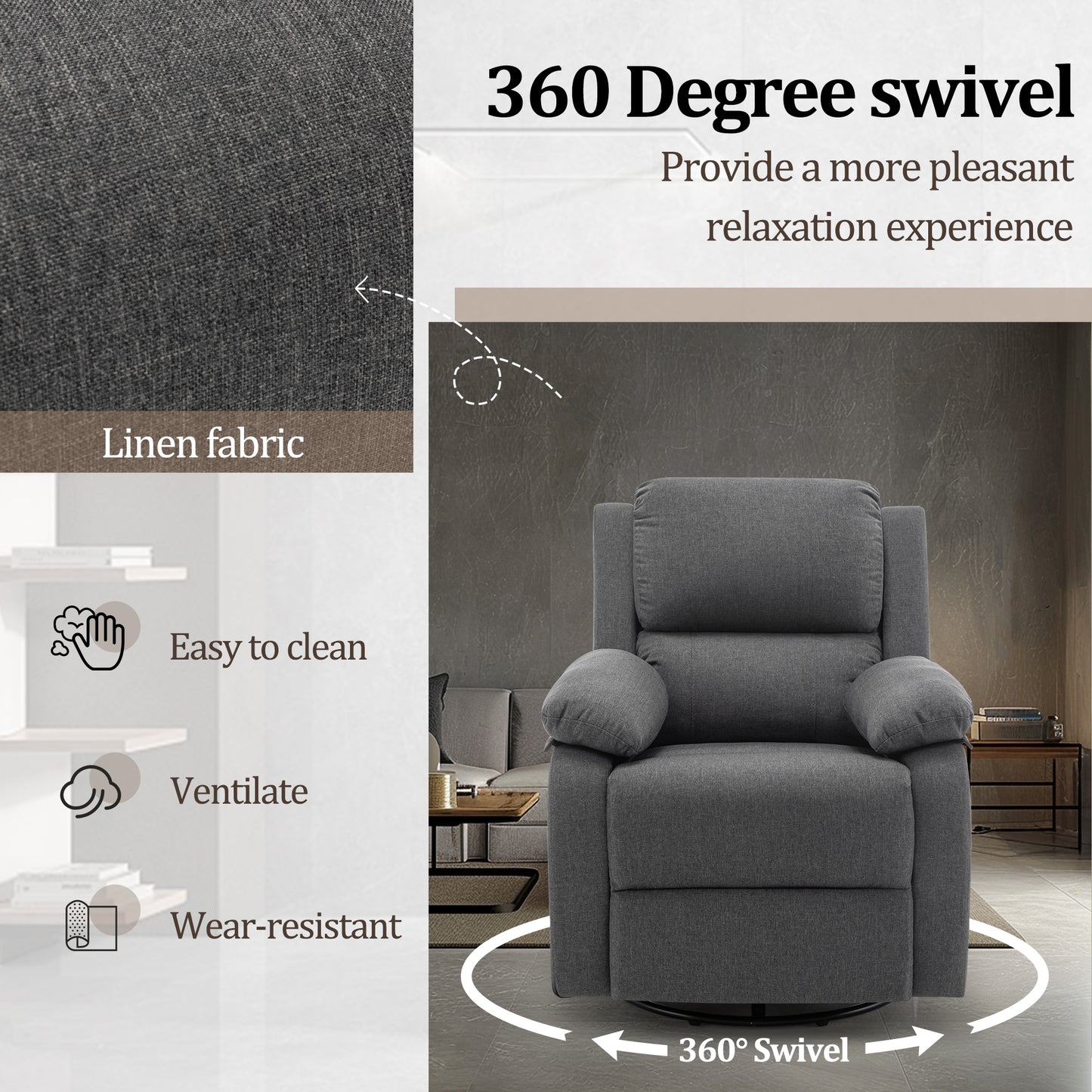 Recliner Chair, 360 Swivel Rocker Chair for Adults, Small Rocking Recliner Chair for Small Spaces, Upholstered Fabric Recliner Chair with Side Pockets for Living Room