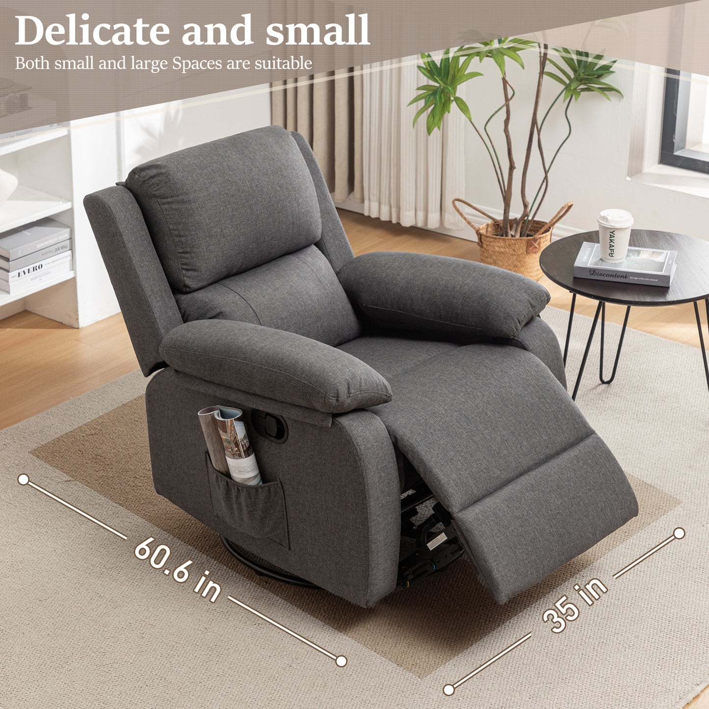 Recliner Chair, 360 Swivel Rocker Chair for Adults, Small Rocking Recliner Chair for Small Spaces, Upholstered Fabric Recliner Chair with Side Pockets for Living Room
