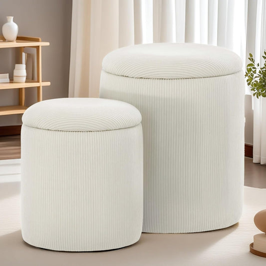 KORSER Round Ottoman with Storage, Set of 2, Small Ottoman with Storage as Vanity Chair, Corduroy Beige Ottoman Foot Rest for Small Space, Bedroom and Living Room