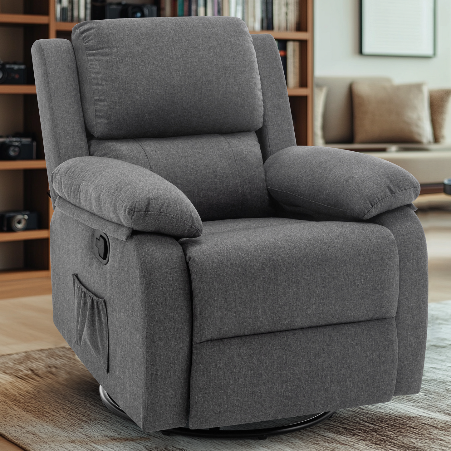 Recliner Chair, 360 Swivel Rocker Chair for Adults, Small Rocking Recliner Chair for Small Spaces, Upholstered Fabric Recliner Chair with Side Pockets for Living Room