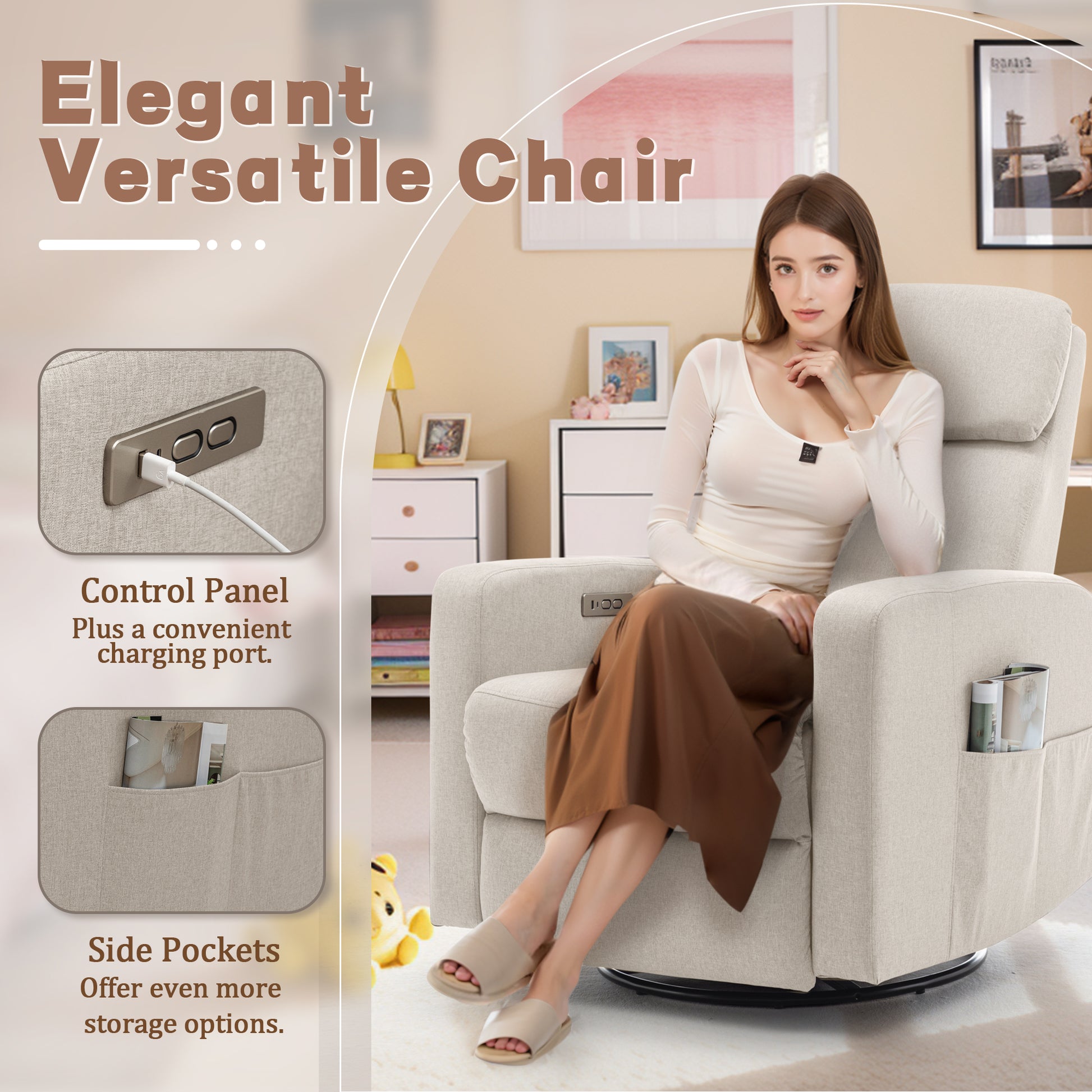 Power Swivel Recliner Chairs for Adults, Electric Glider Rocking Chair Nursery, Glider Recliner Nursery Chair with Classified Side Pocket, Nursery Rocking Chairs with USB and Type-C Ports
