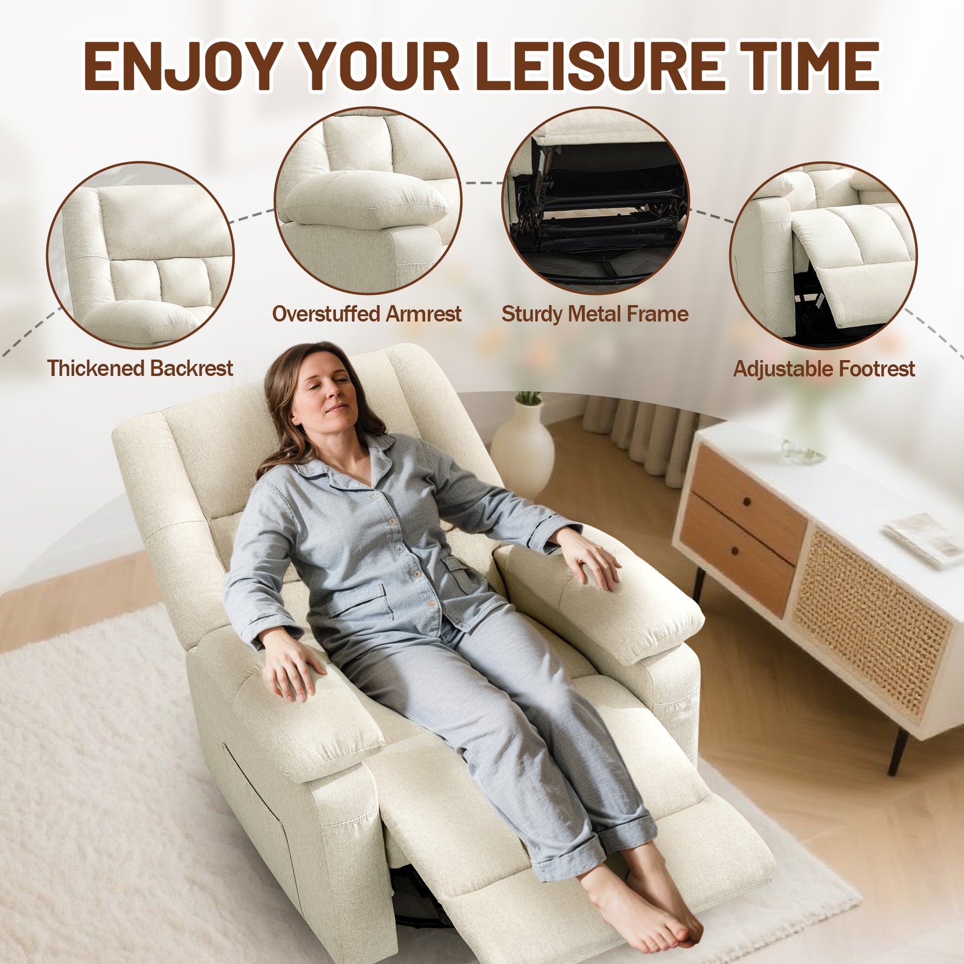 Korser Recliner Chair, Swivel Recliner Chairs for Adults, Glider Rocker Recliner with 2 Side Pockets, Recliners with Heat and Massage, Manual Reclining Chair for Living Room, Bedroom, Nursery