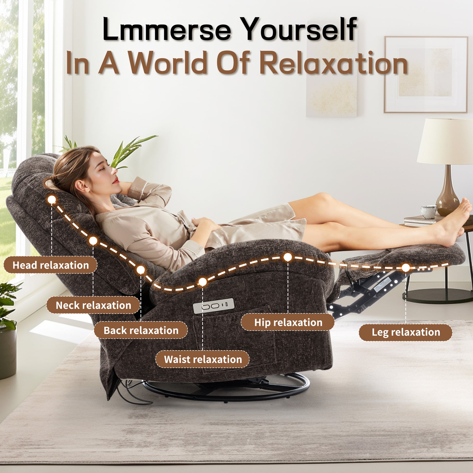 Oversized Swivel Recliner Chair, Nursery Rocking Power Recliner Chair for Adults, Electric Recliner, Comfortable Soft Shell Shaped Recliner with USB Ports and Storage for Living Room