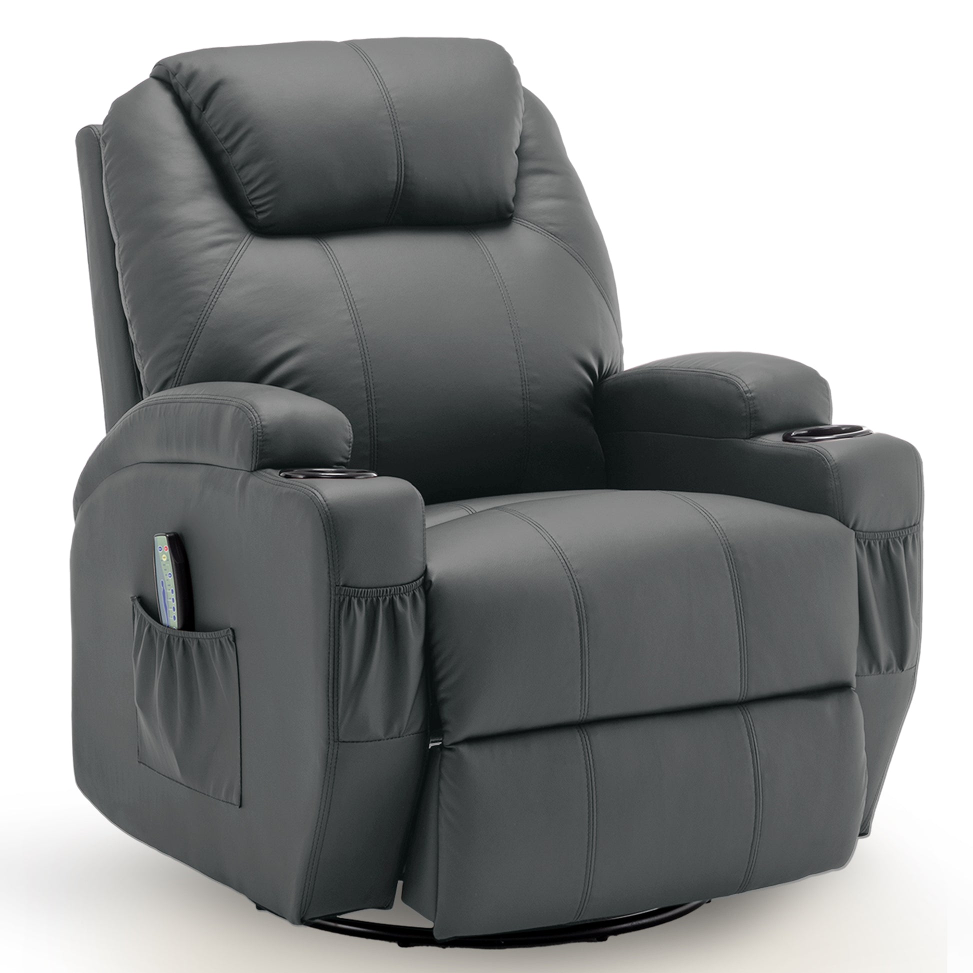 360° swivel rocker recliner chair with massage feature, remote control, and cup holder for ultimate relaxation.